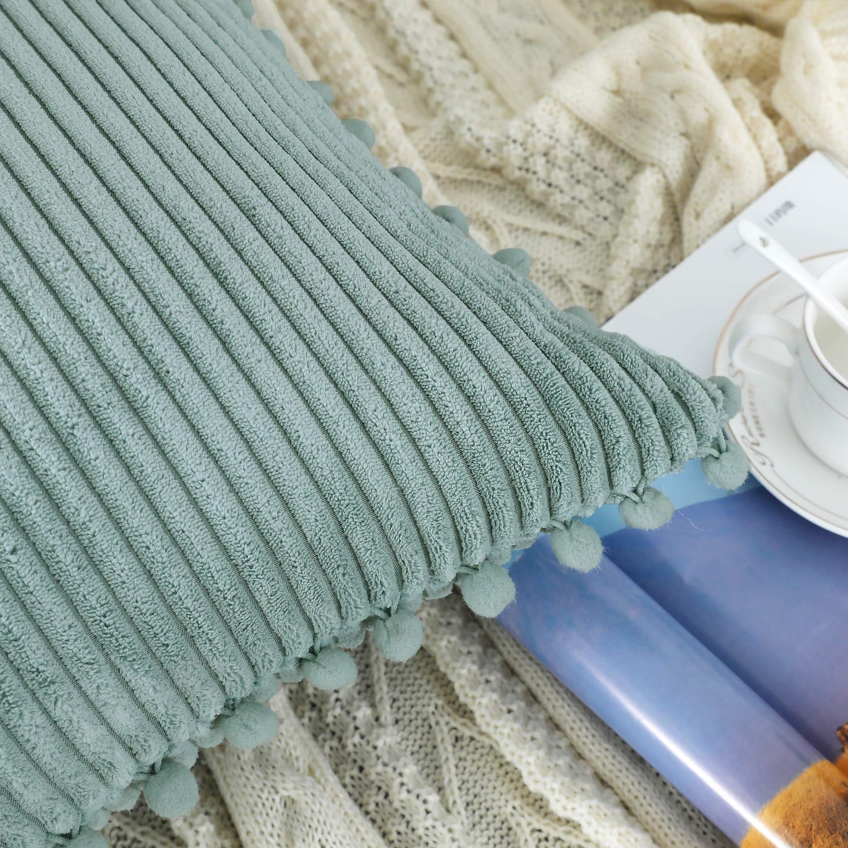 Soft Striped Boho Farmhouse Decorative Throw Pillow Covers 20x20 Inch - Grey Blue with Pom Poms - Set of 2 for Couch, Sofa, Bed, Chair & Outdoor Use - Cozy Home Decor & Living Room Accent