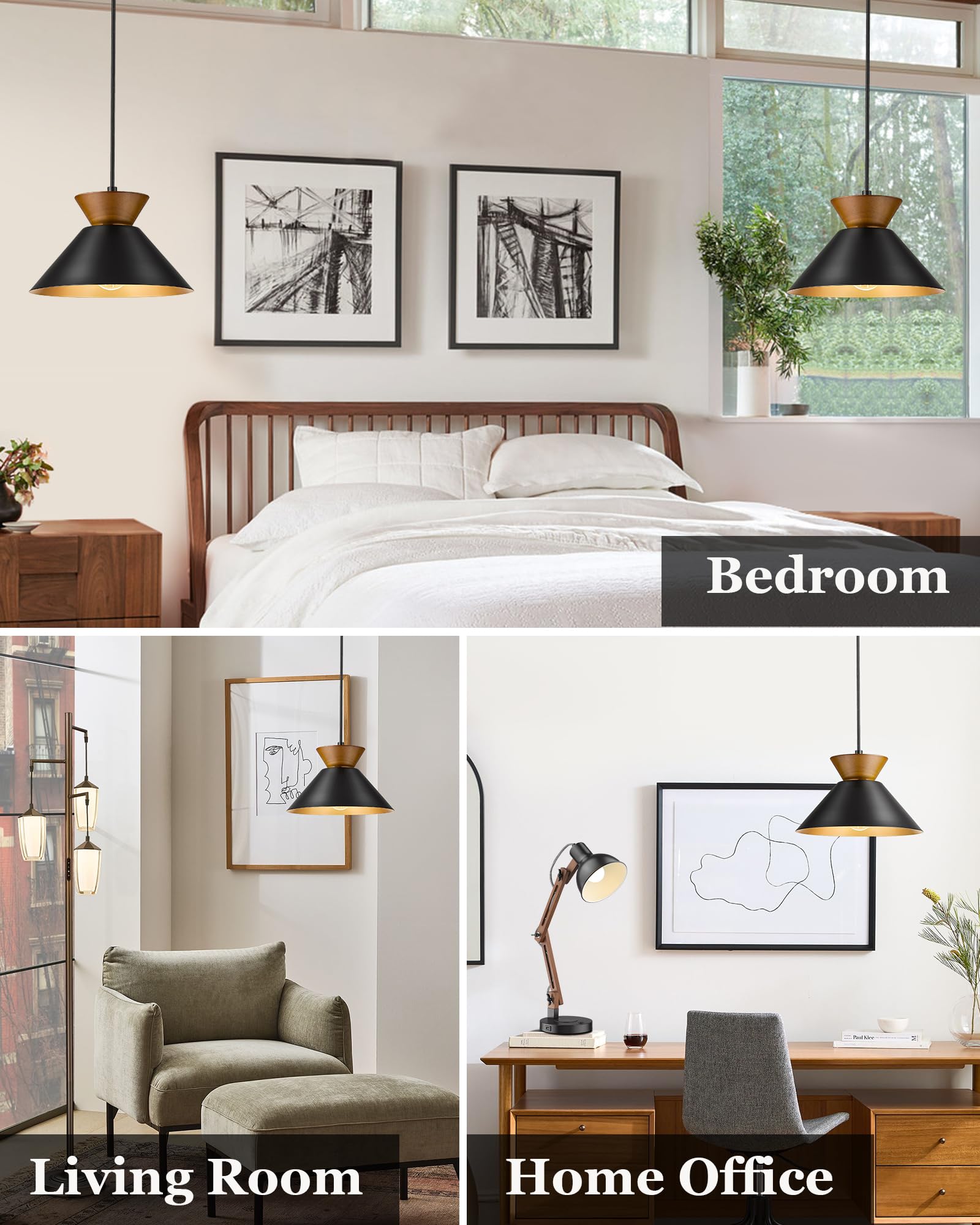 ELYONA 3 Pack Modern Pendant Lights for Kitchen Island - Solid Wood Hanging Lamps with Matte Black Metal Shade & Gold Inner Finish - Farmhouse Style Lighting Fixtures for Dining Room, Bedroom, Living Room - Perfect for Home Decor, Restaurant, and Cafe Ambiance