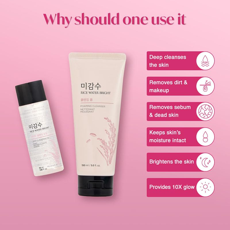 The Face Shop 2 Step Rice Water Bright Kit - Foaming Face Wash 100ml & Cleansing Oil 55ml for Glowing Skin | Korean Skincare Set for Dullness, Dark Spots | Perfect for Morning & Night Routine