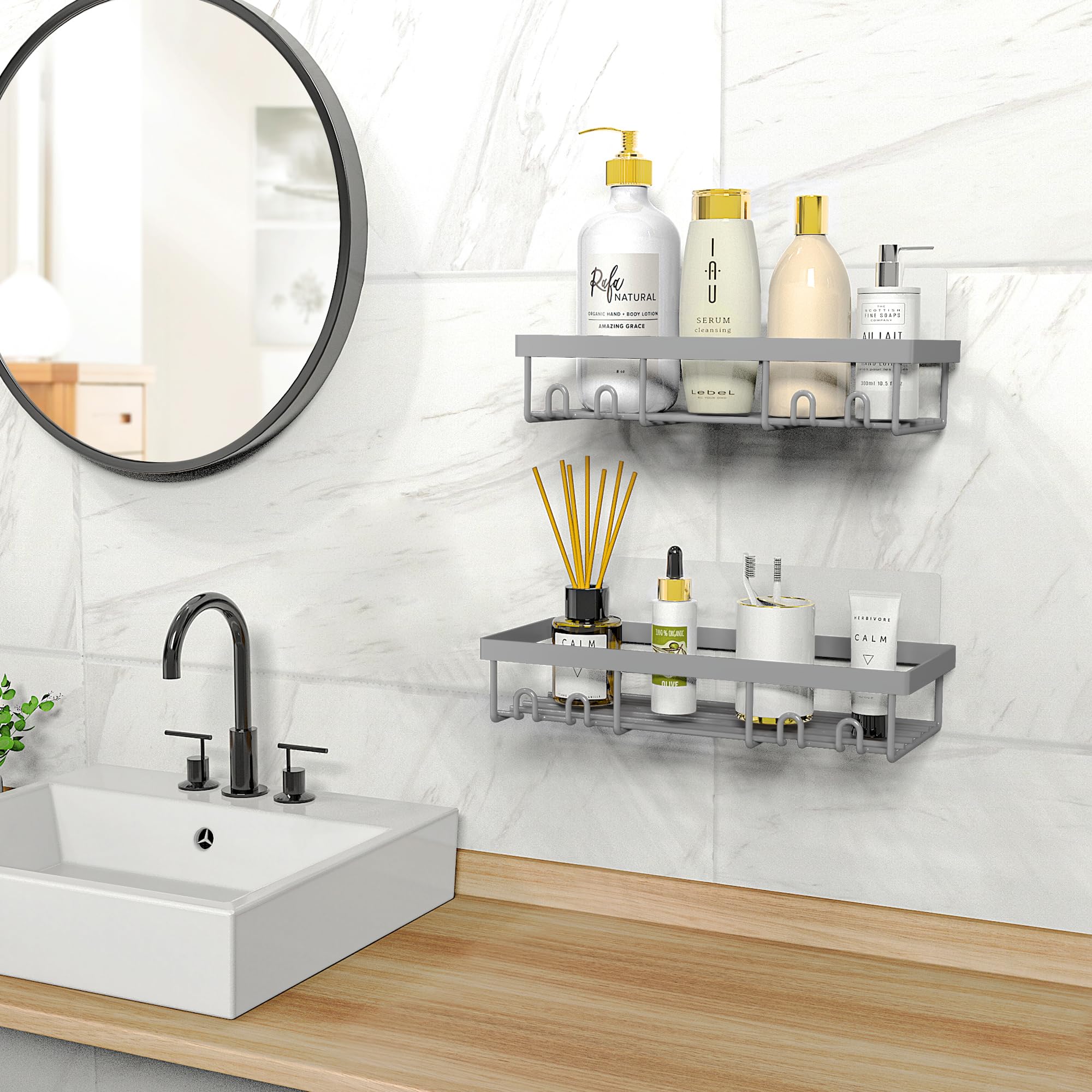 Moforoco Self-Adhesive Shower Caddy Shelf Organizer - Rustic Black Bathroom Wall Storage Basket for RV, Camper & Apartment - Perfect for Farmhouse Decor, Shower Organization & Small Space Storage