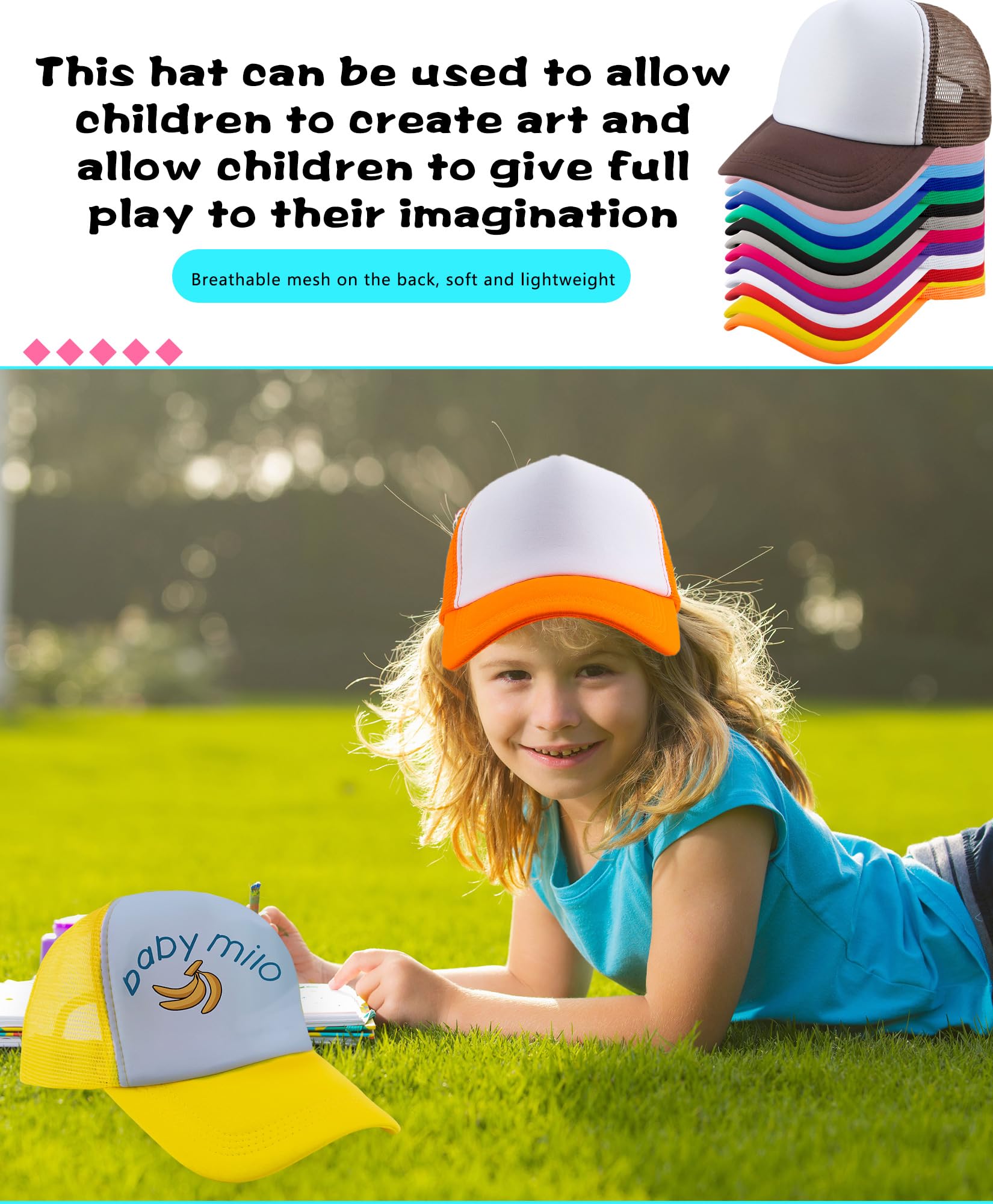 SGBETTER 18 Pack Kids DIY Sublimation Blank Trucker Hats - Adjustable Mesh Baseball Caps for Boys & Girls - Perfect for Summer Outdoor Sports, Crafts, and Custom Designs