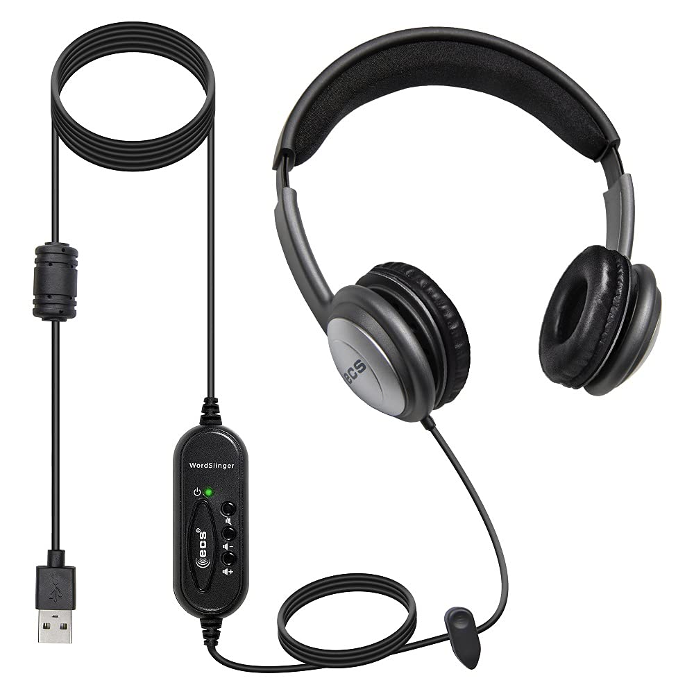 ECS WordSlinger USB Transcription Headset with Leatherette Cushions & Volume Control - Professional Medical Transcriber Headphones for Doctors, Transcriptionists & Office Work
