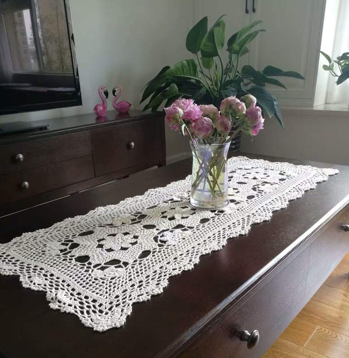 Handmade White Crochet Cotton Table Runner - 16x35 Inch Lace Doily Rectangular Dresser Scarf for Dining Table, Coffee Table, and Home Decor