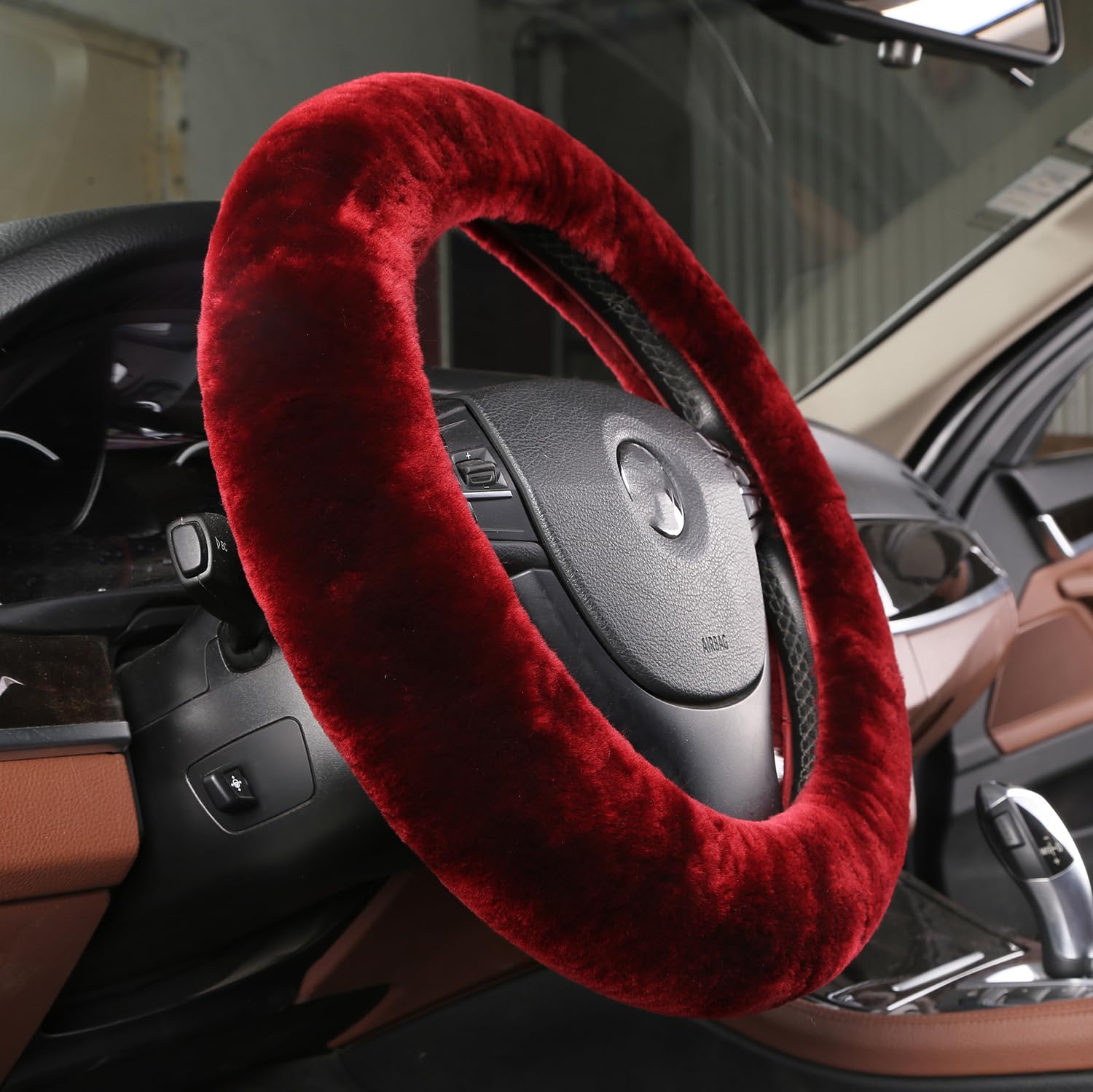 Premium Fluffy Wool Car Steering Wheel Cover - Genuine Sheepskin, Anti-Slip Universal Fit for 15 Inch Wheels (Wine Red) - Luxury Interior Accessories for Women - Perfect for Winter Driving & Comfort Enhancement