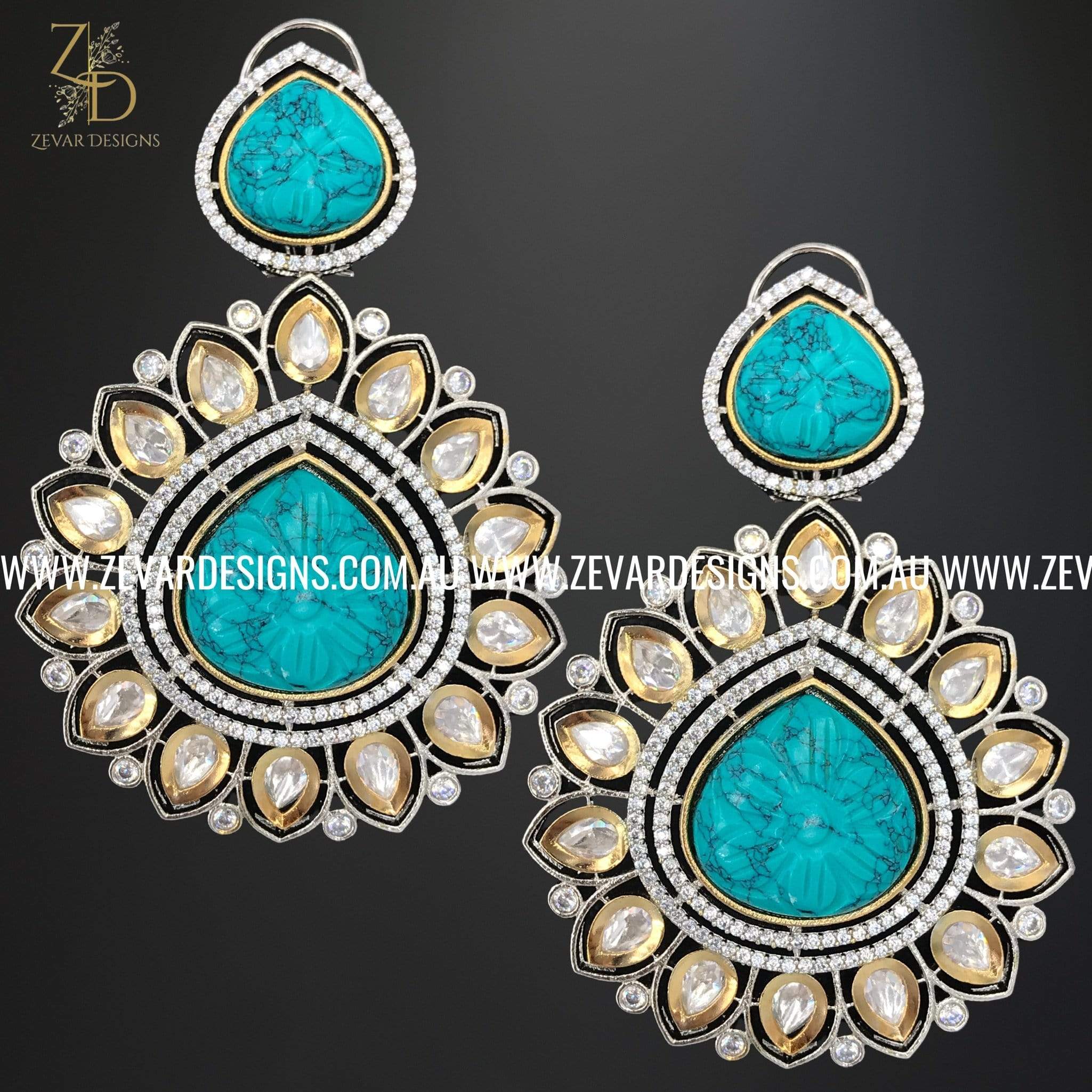 Exquisite AD and Kundan Polki Earrings with Carved Ocean Blue Stone – Elegant Indian Jewelry for Weddings, Parties & Special Occasions