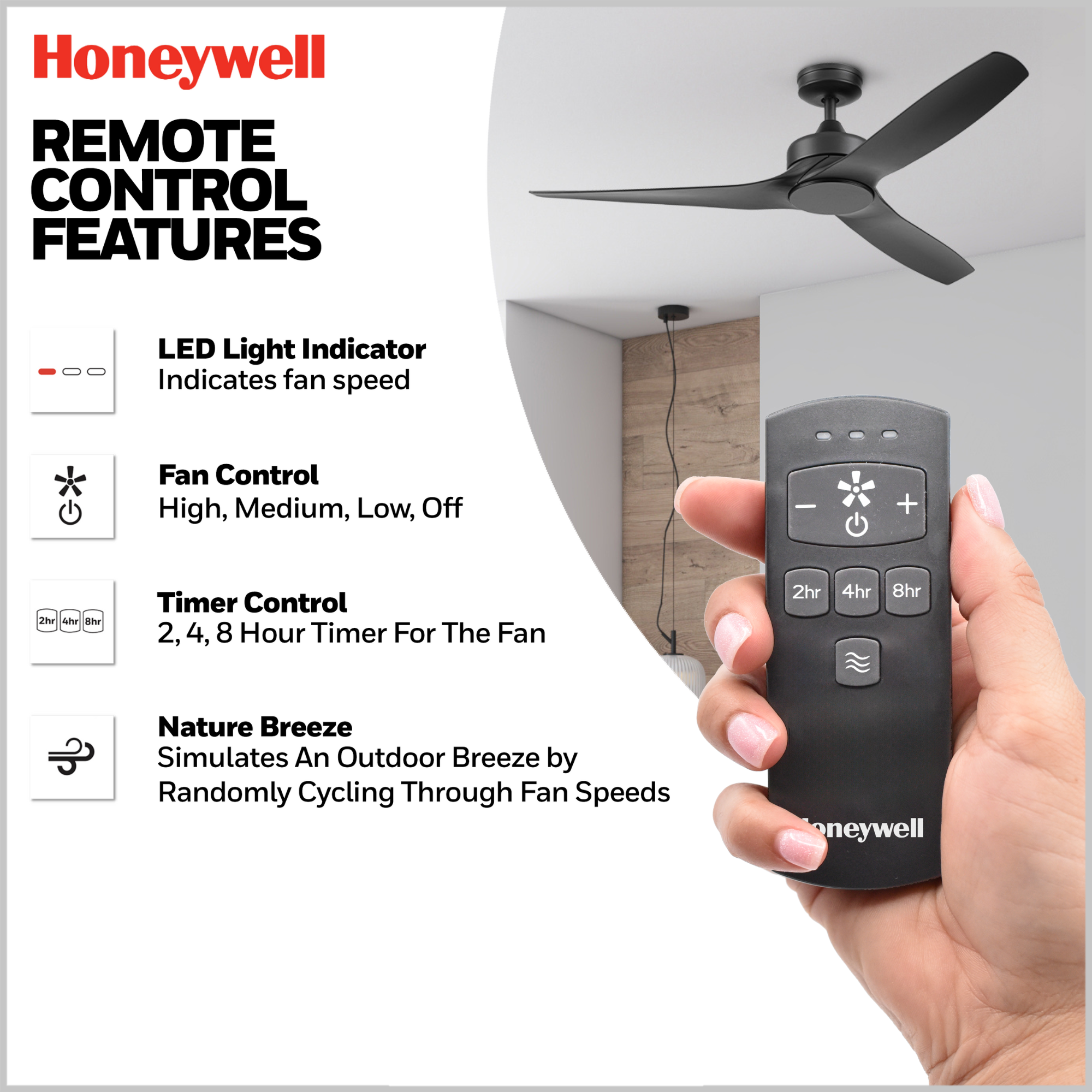 52 Inch Honeywell Lynton Matte Black Ceiling Fan - No Light, Remote Control Included - Perfect for Living Room, Bedroom, and Outdoor Patio Cooling