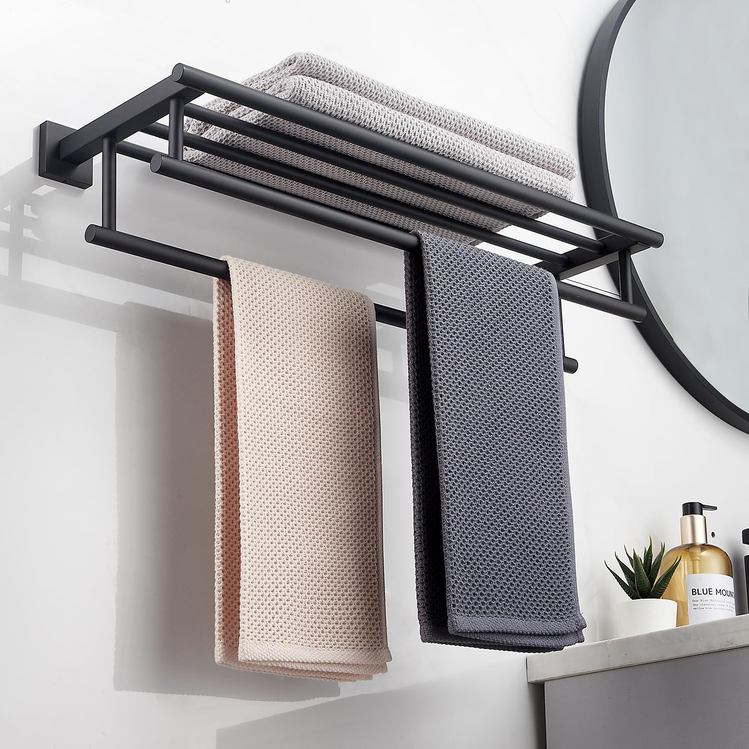 24 Inch Wall Mounted Towel Rack - Matte Black Double Towel Bar with SUS304 Stainless Steel - Bathroom Towel Holder for Home & Hotel Use - Space Saving Durable Towel Shelf for Bath, Spa & Guest Rooms