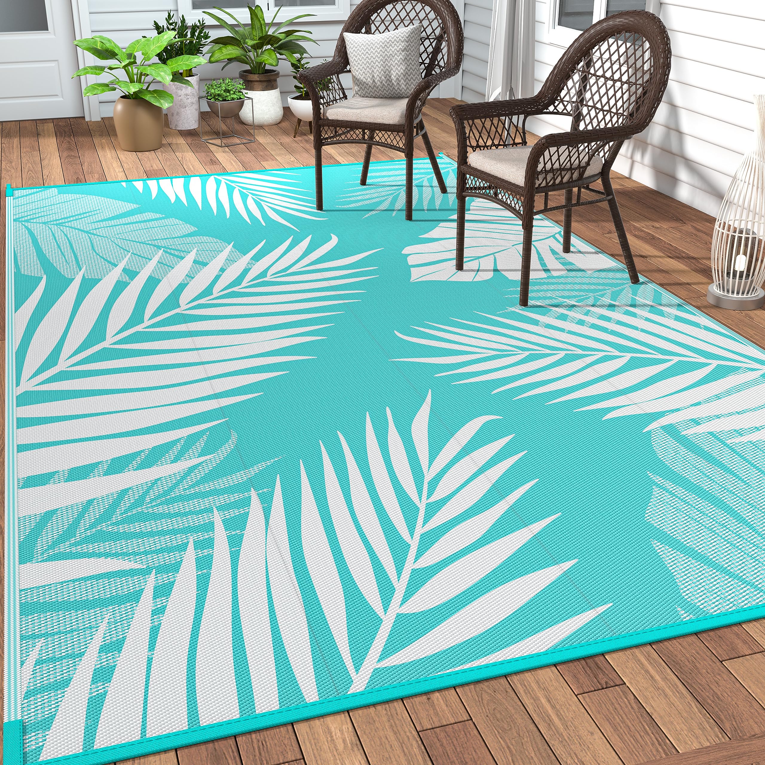 GENIMO 5' x 8' Waterproof Outdoor Rug - Reversible Plastic Straw Camping Mat for Patio, Deck, RV, Picnic & Backyard - Aqua Blue & White Design - Perfect for Outdoor Gatherings, Beach Trips and Camping Adventures