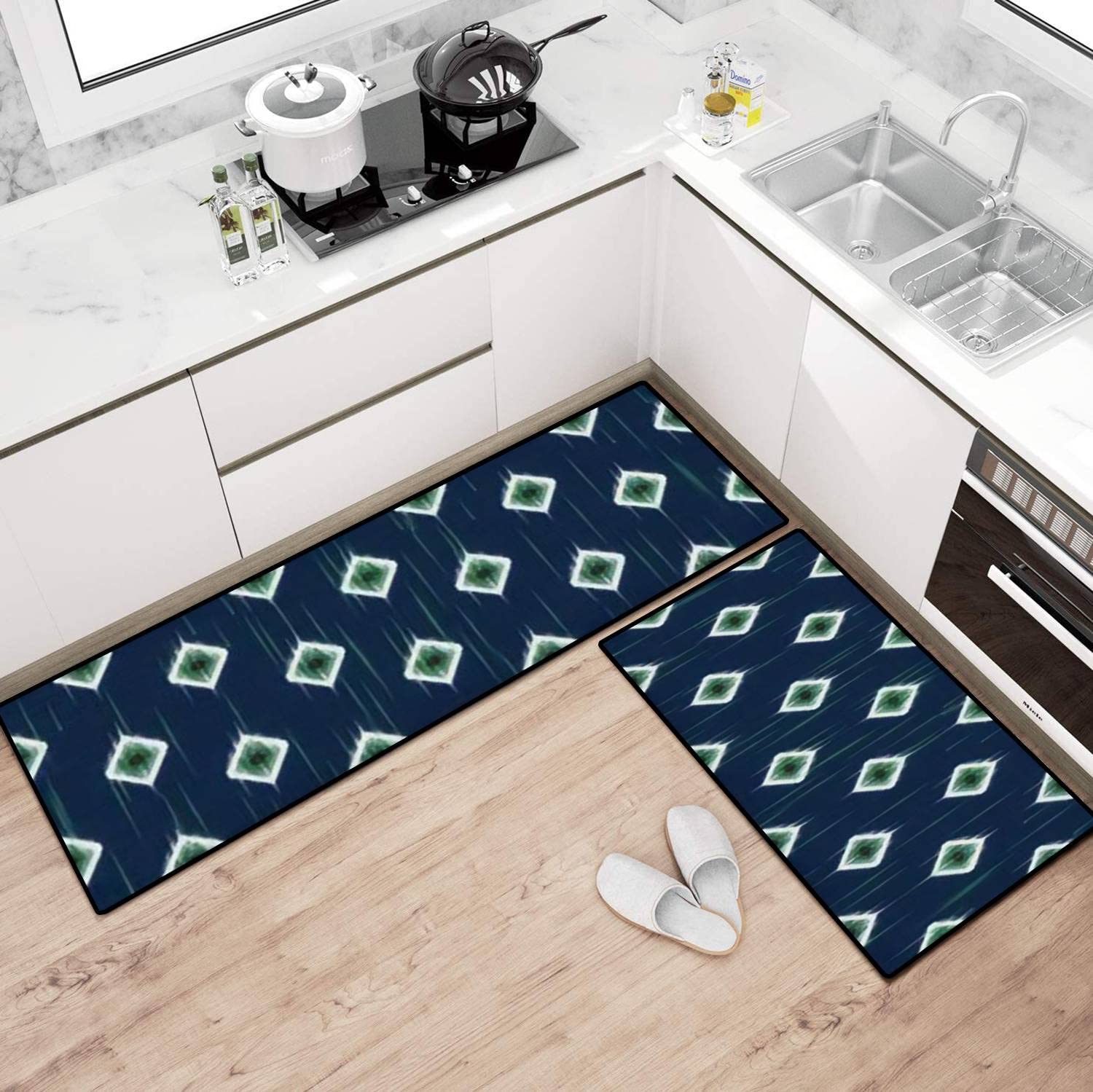 Non-Slip Washable Kitchen Rugs Set - Abstract Moroccan Geometric Ethnic Design with Seamless Flower Patterns, Soft Standing Mats for Floor Protection - Perfect for Kitchen, Bathroom, Entryway & High-Traffic Areas
