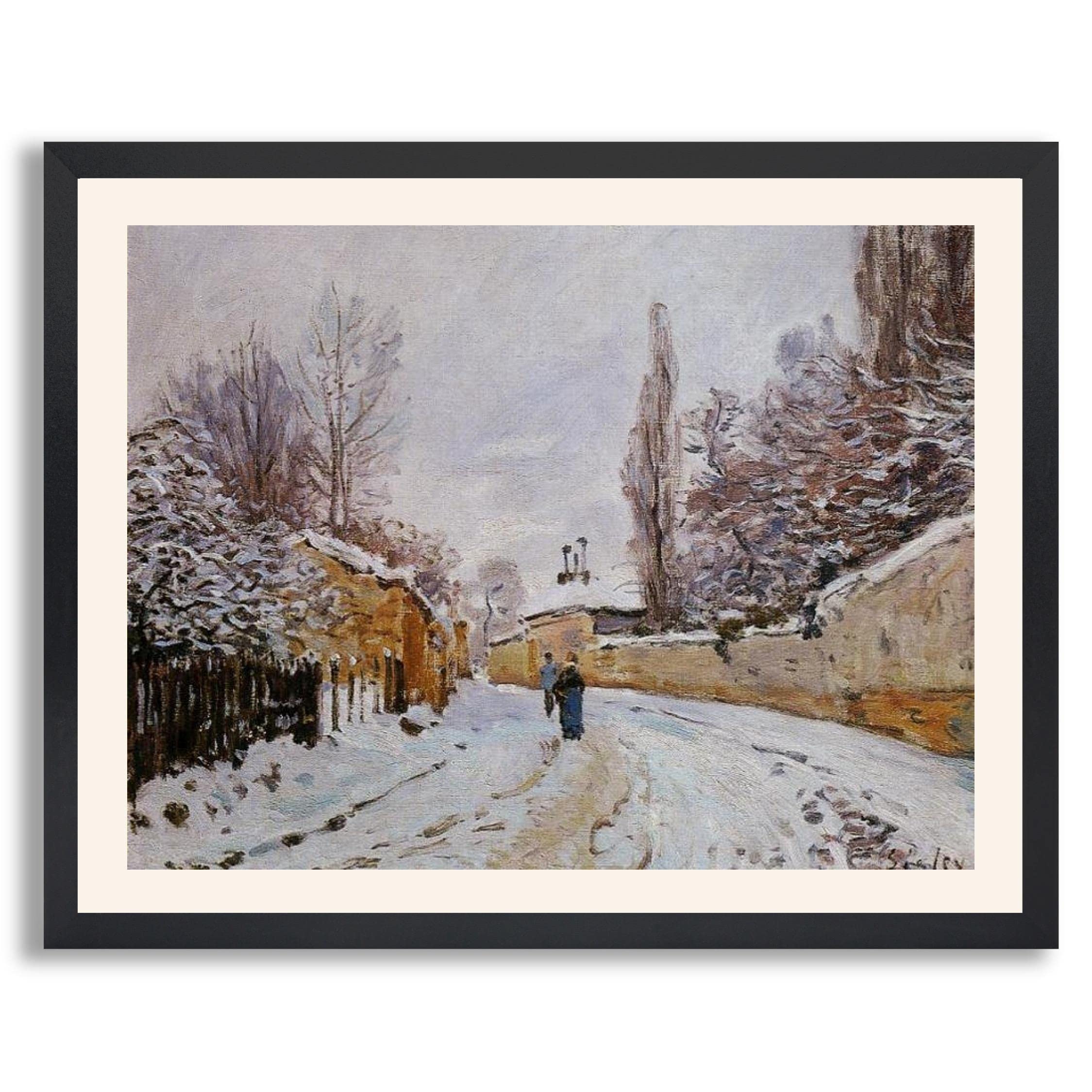 Alfred Sisley Road Under Snow Louveciennes Framed Art Print - Premium Canvas Wall Art Reproduction in Wood Frame for Living Room & Office Decor | Vintage Winter Landscape Painting | Home Gallery Picture for Bedroom, Study & Hallway