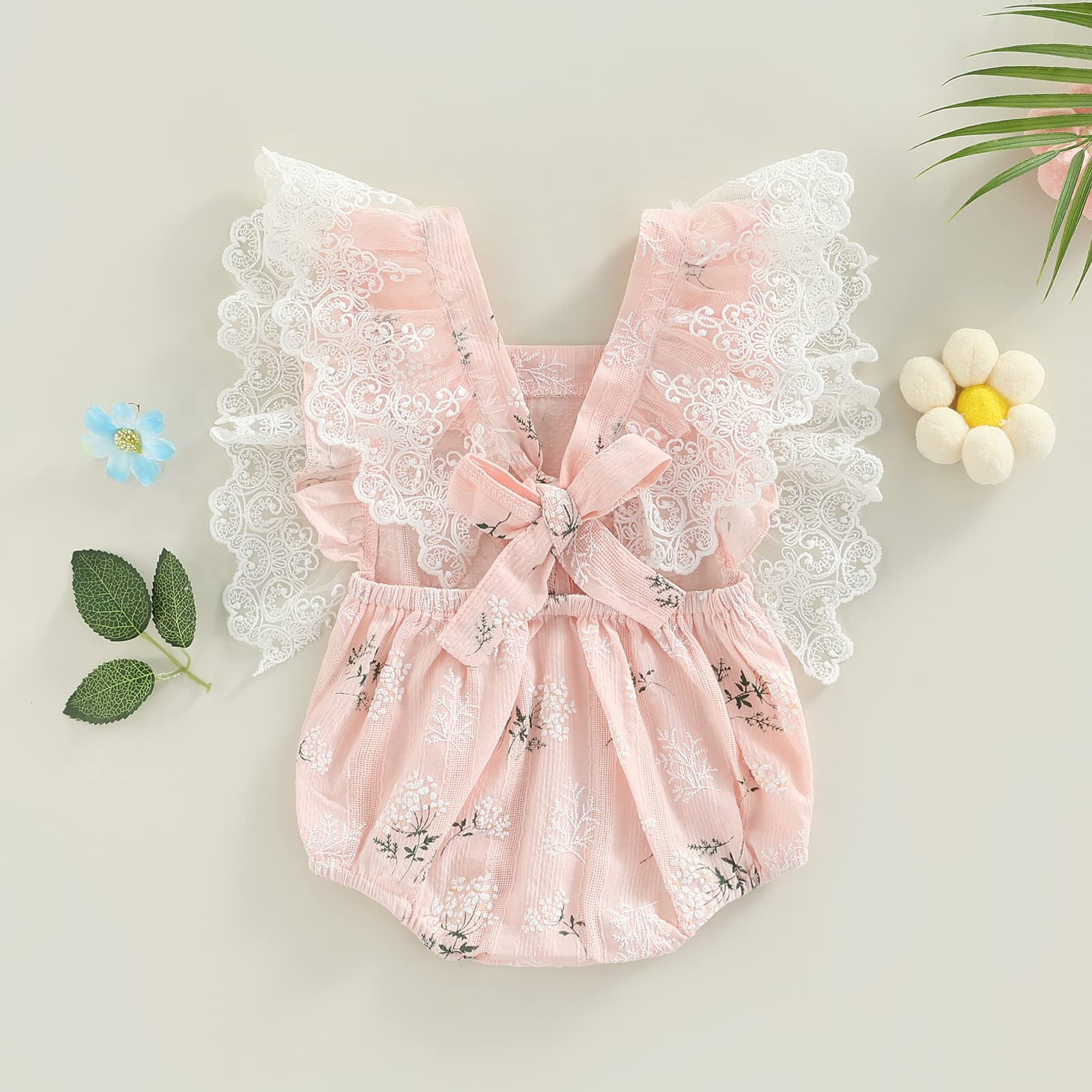 Adorable Newborn Baby Girl Romper Outfit - Lace Flutter Sleeve Floral Bodysuit One-Piece Summer Clothes | Perfect for Photoshoots, Parties & Everyday Wear