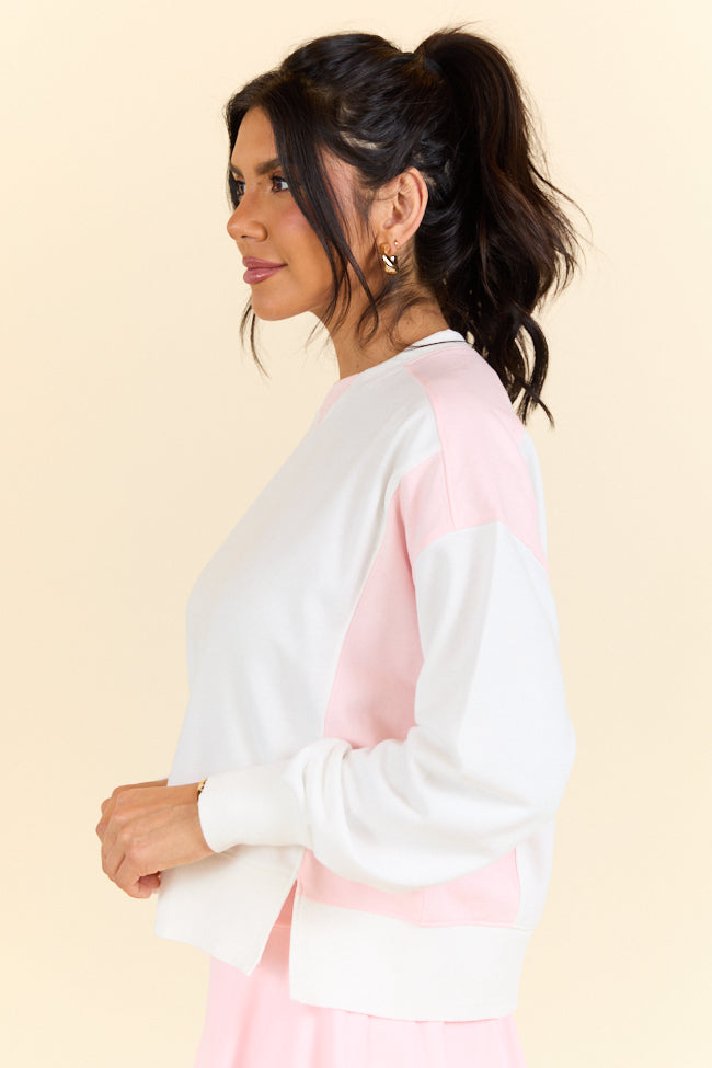 Overtime Pink and White Color Block Sweatshirt for Women | Trendy Casual Pullover | Perfect for Workouts, Lounging & Street Style