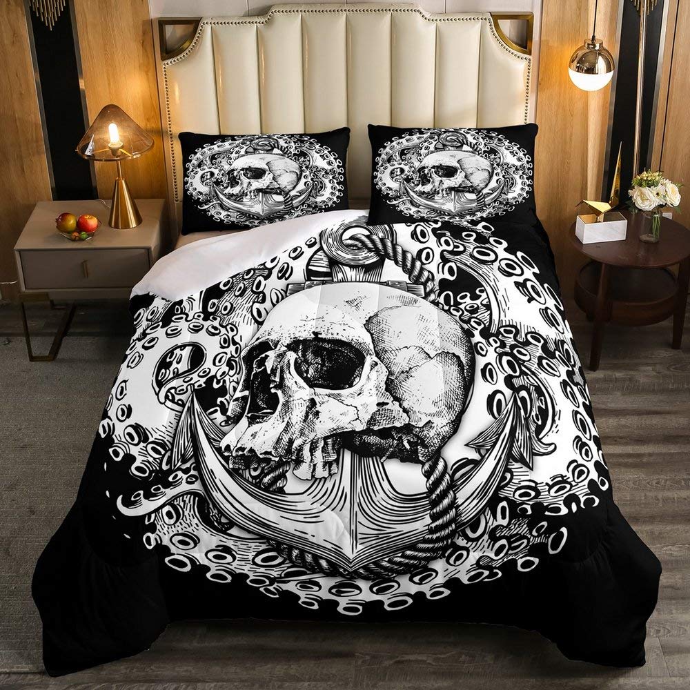 **Sugar Skull Nautical Comforter Set - Twin Size Black & White Ocean Theme Bedding with Anchor & Octopus Design, Includes 1 Comforter & 1 Pillowcase - Perfect for Kids, Boys & Girls Room Decor, Halloween or Coastal Themed Bedrooms**