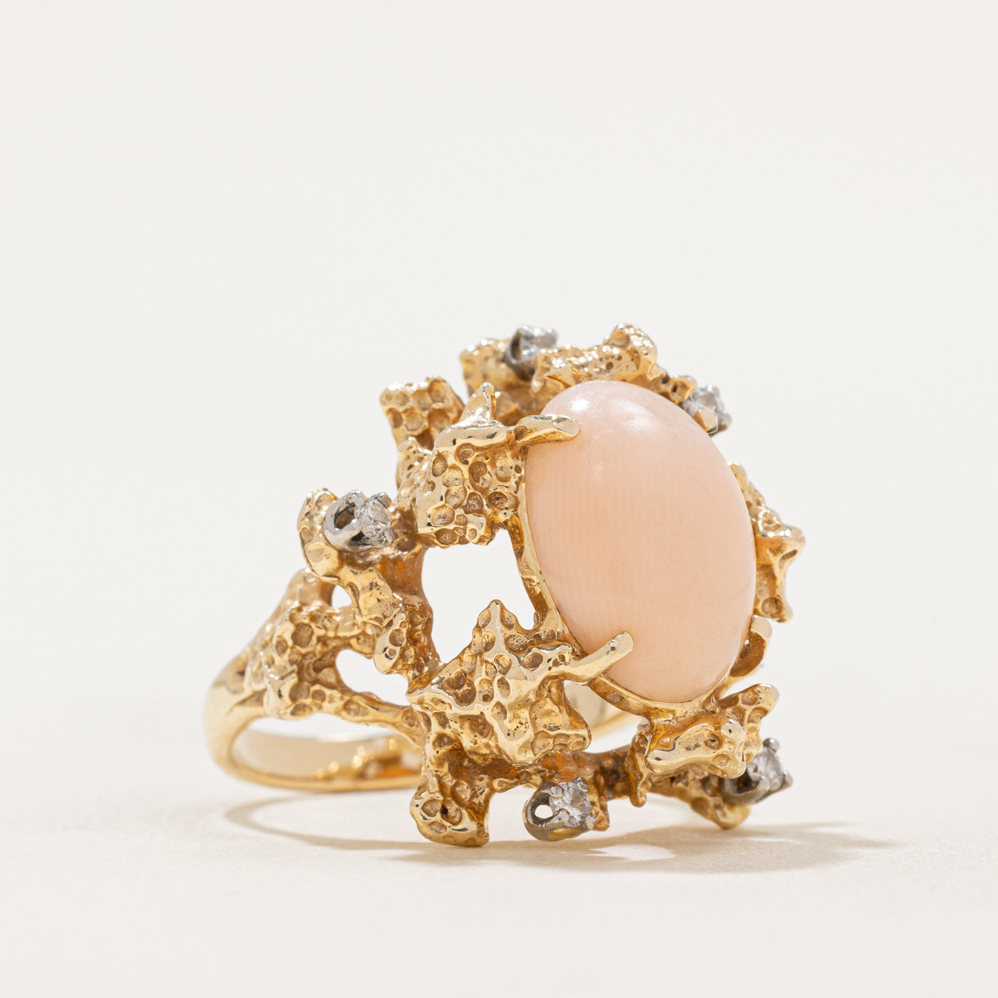 Elegant Pink Coral & Diamond Cocktail Ring - 4.25ct Genuine Coral with 0.12ctw Diamonds - Size 7.25 - Perfect for Evening Parties, Weddings & Special Occasions
