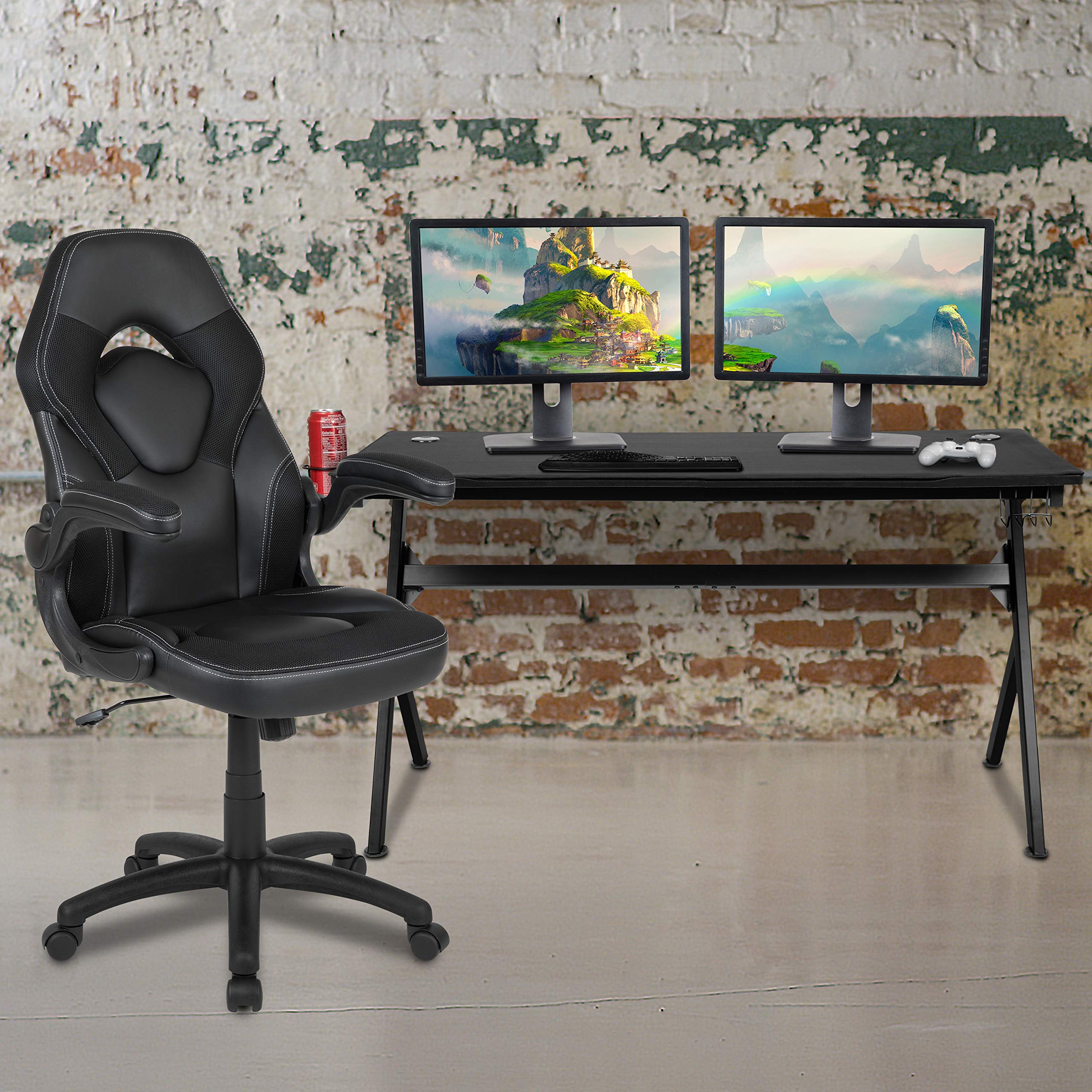 EMMA + OLIVER Black Gaming Desk Bundle with Cup Holder, Headphone Stand & Mouse Pad - Ergonomic Computer Desk for Gamers & Home Office Setup