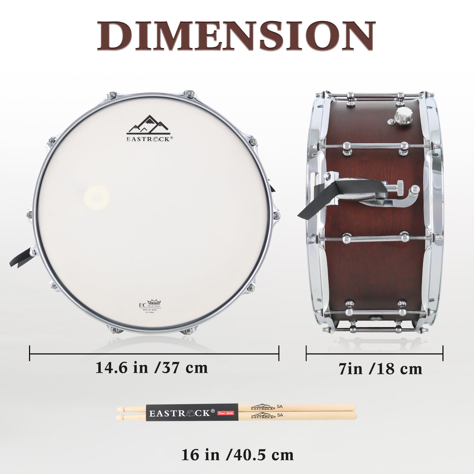 EASTROCK 14x6.5 Inch Professional Snare Drum with Reddish Brown Texture Finish - Premium Drum Set Accessory for Drummers & Adults - Perfect for Live Performances, Studio Recording & Drum Practice (Reddish Brown)