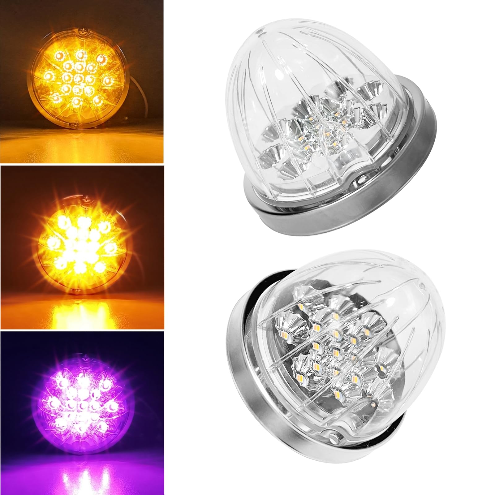 2PCS Dual Revolution Amber to Purple LED Turn Signal and Marker Lights - 17 LED Watermelon Auxiliary Lights with Clear Lens & Stainless Steel Bezel for Freightliner, Kenworth, Peterbilt Trucks and Trailers - Perfect for Heavy Duty Truck Lighting and Safety Enhancement