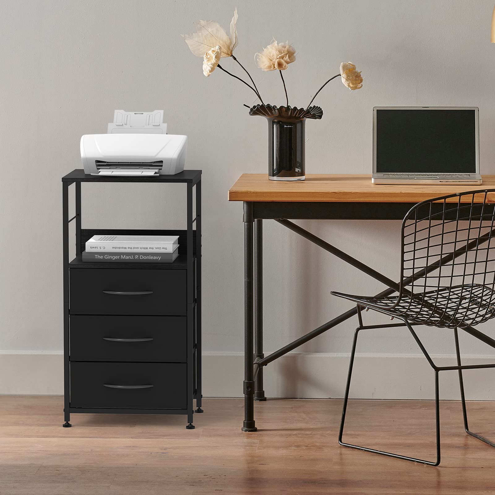 Modern Black Nightstand with 3 Fabric Drawers & Storage Shelf - Tall Bedside Table for Bedroom, Living Room, Office & Study - Perfect for Storing Books, Lamps & Bedroom Essentials