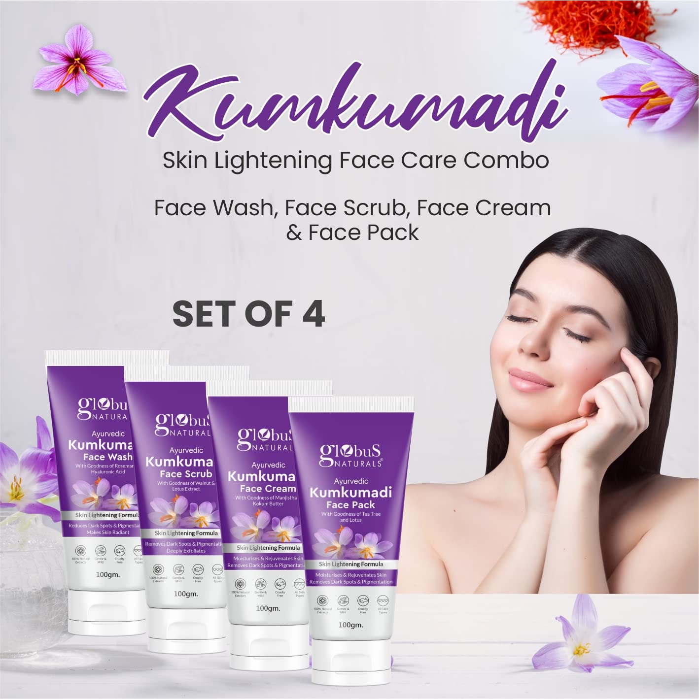 **Globus Naturals Kumkumadi Skin Lightening Face Care Combo Set - 4 Products (Face Wash, Scrub, Cream & Pack) for Brightening & Glowing Skin - Perfect for Daily Skincare Routine & Special Occasion Prep**
