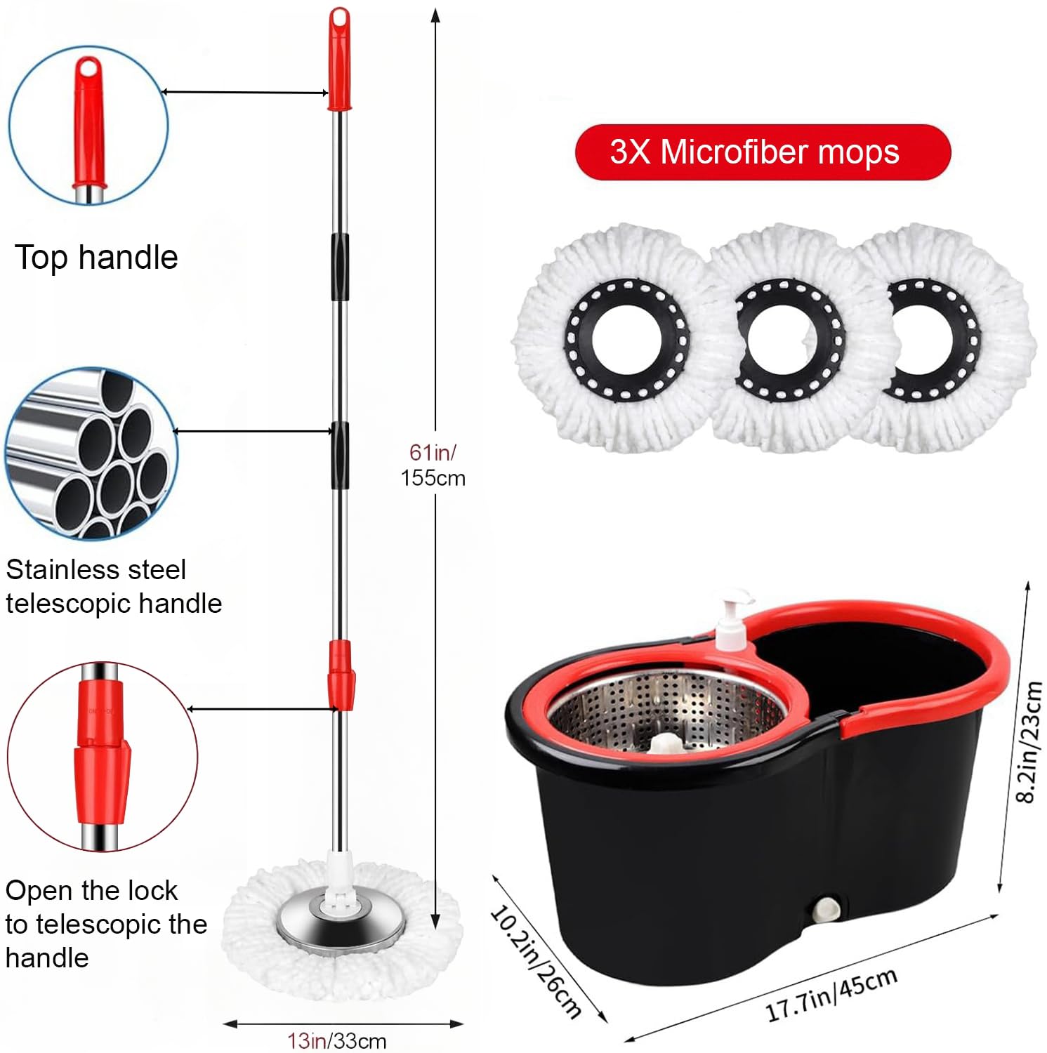 360° Spin Mop and Bucket Set with Wringer - 3 Microfiber Mop Refill Heads & 61