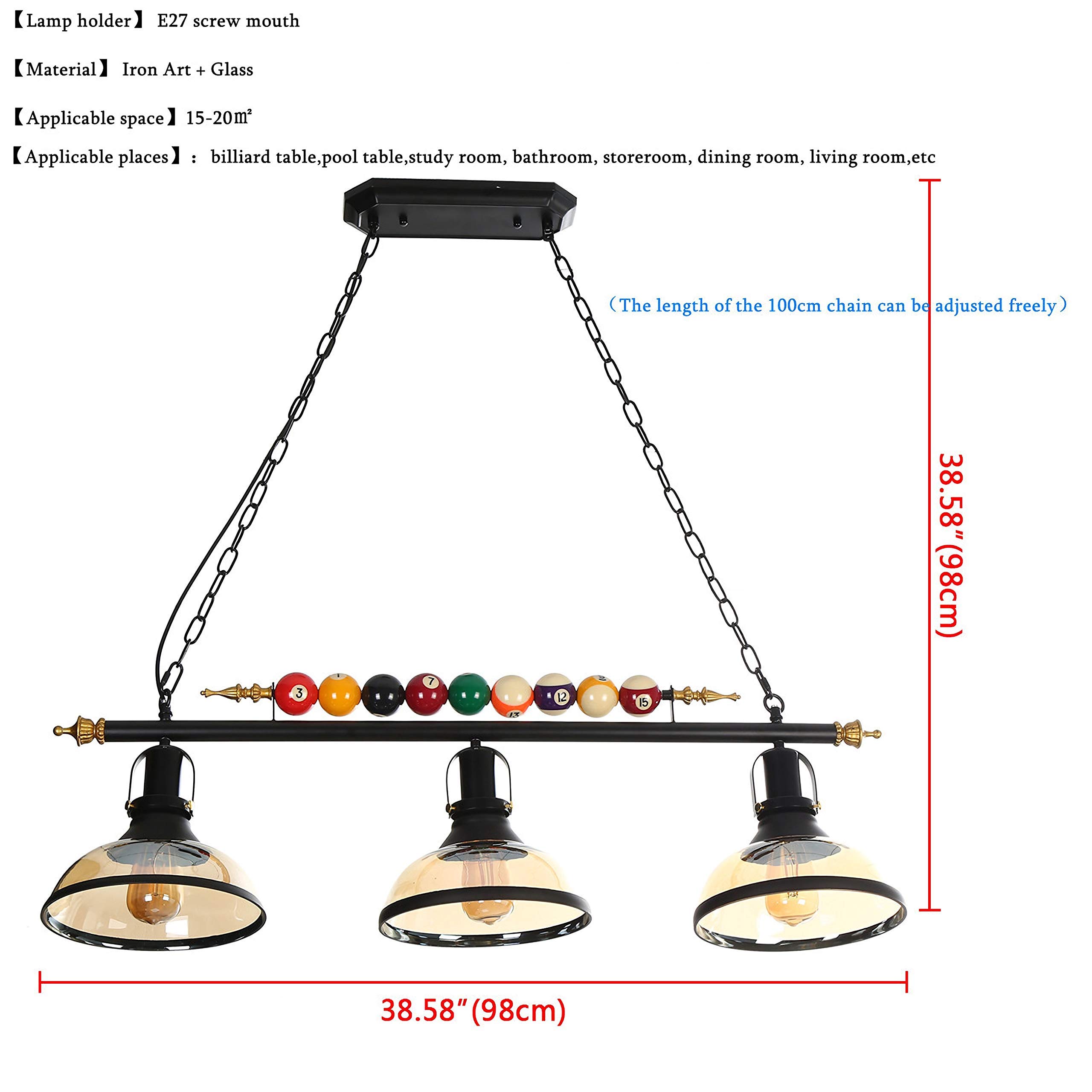 Pool Table Lights & Billiard Lighting - Farmhouse Chandelier with 3 Head Industrial Iron Fixture, Glass Lampshade for Kitchen, Bar & Game Room Decor | Perfect for Billiards, Pubs and Home Entertainment Spaces