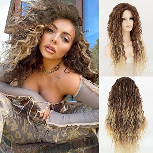 Curly Blonde Brown Reverse Ombre Wig - Long Synthetic Hairpiece for Cosplay, Halloween & Daily Fashion