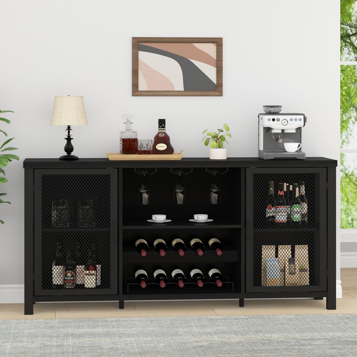 Black Oak Wine Bar Cabinet with Storage - 55 Inch Farmhouse Kitchen Buffet Cabinet for Liquor & Coffee Display | Industrial Style Home Bar for Dining Room & Living Room | Perfect for Entertaining Guests & Organizing Beverages