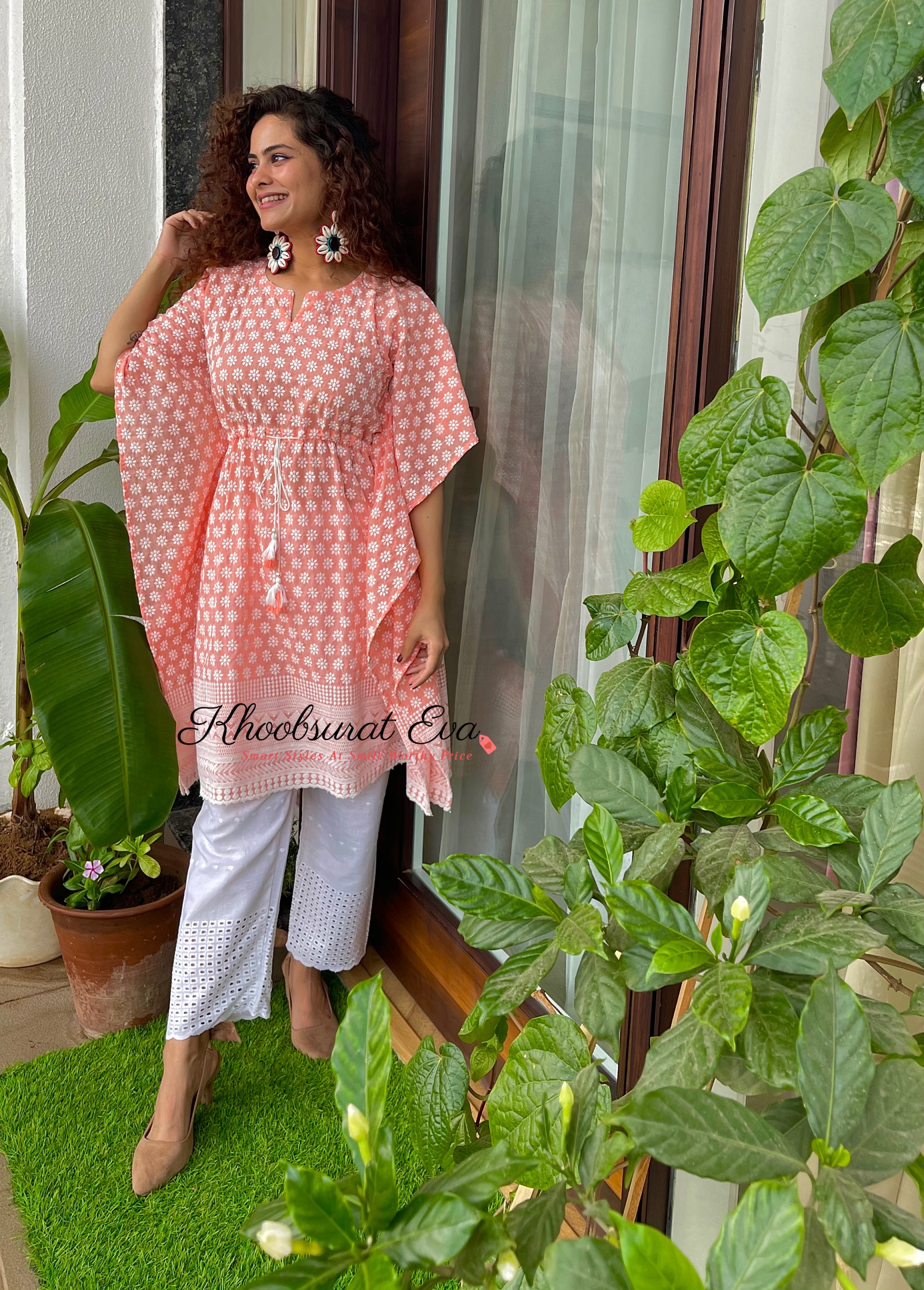 Elegant Peach Embroidered Kaftan and Pants Set - Boho Chic Loungewear for Women - Perfect for Beach Cover-ups, Summer Vacations & Relaxing at Home