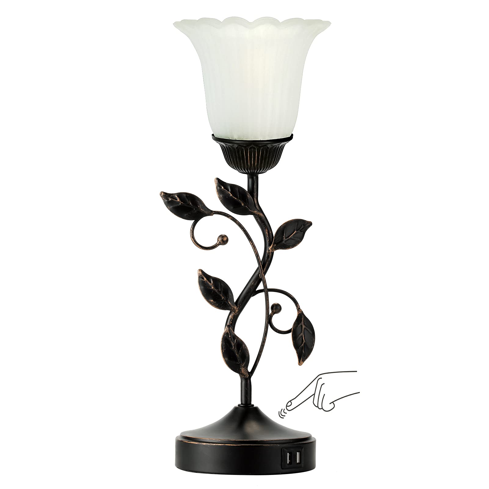 RORIANO Touch Bedside Lamp with 2 USB Charging Ports - 3-Way Dimmable Nightstand Light, White Glass Shade Vintage Farmhouse Leaf Design - Perfect for Bedroom, Living Room & Office Desk (LED Bulb Included) | Ideal for Reading, Charging Devices & Creating Cozy Ambiance