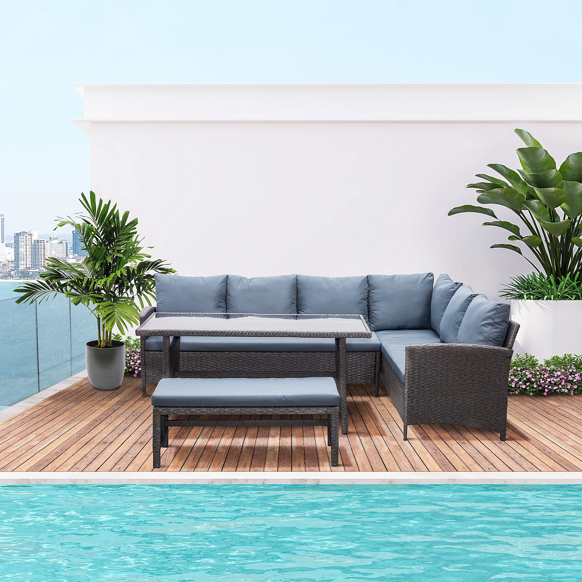 Outsunny 4-Piece Gray PE Rattan Patio Dining Set with Cushions & Table - Outdoor Wicker Furniture for Garden, Backyard, Lawn - Perfect for Al Fresco Dining & Relaxing