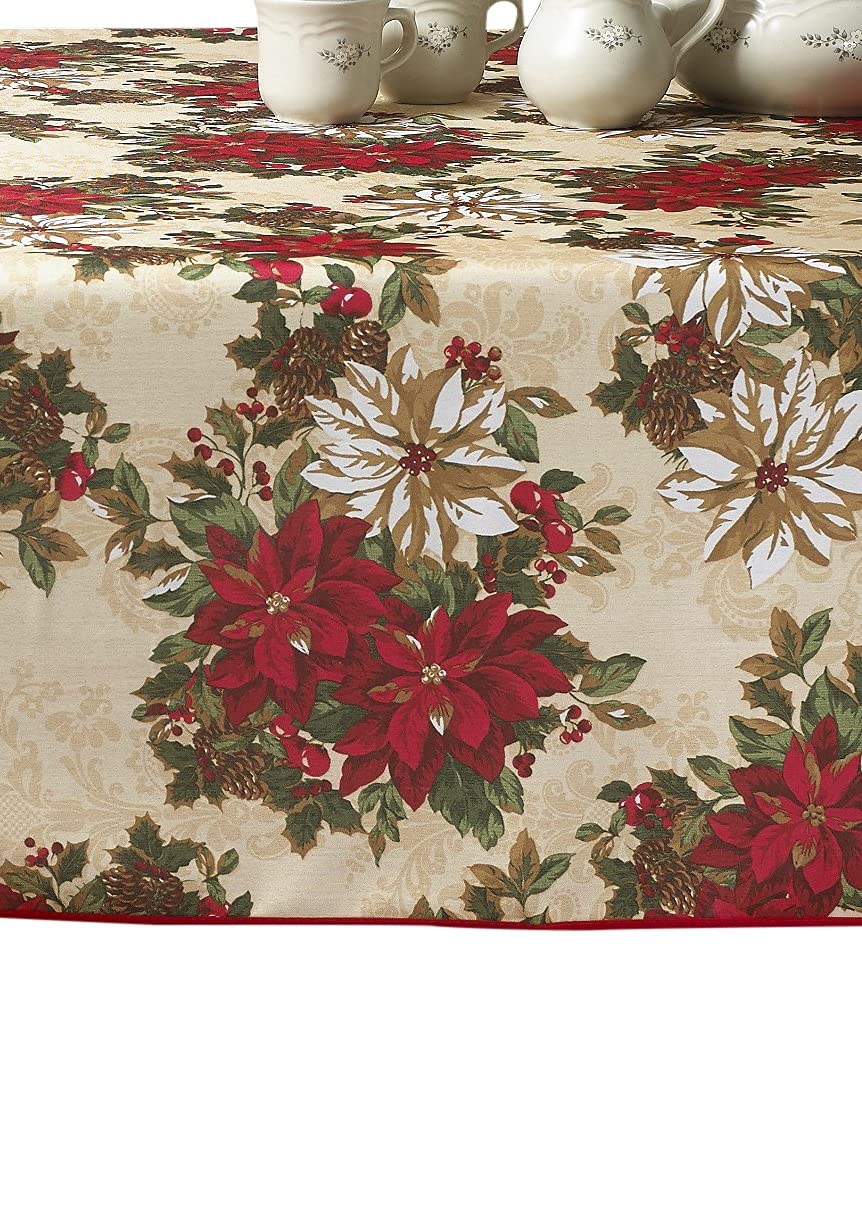 European Linen Tablecloth - Poinsettia Christmas Design for Dining & Parties