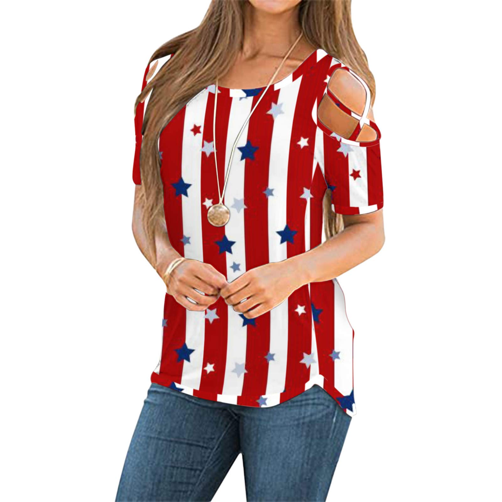 4th of July Patriotic Women's Short Sleeve Cold Shoulder T-Shirt - Strappy Blouse for Independence Day Parties & Summer Outfits
