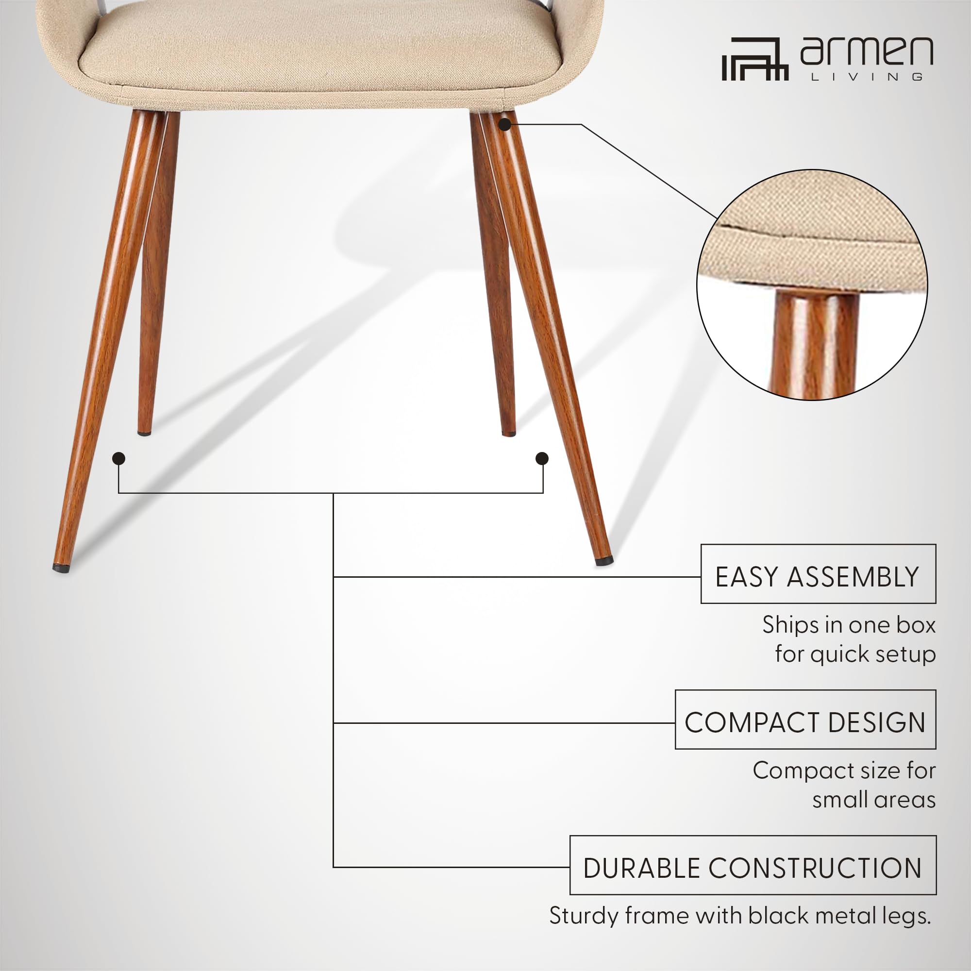 Armen Living Panda Mid Century Modern Dining Chair - Brown Fabric Upholstery & Walnut Wood Finish - Perfect for Kitchen, Home Office, Desk, and Vanity Areas