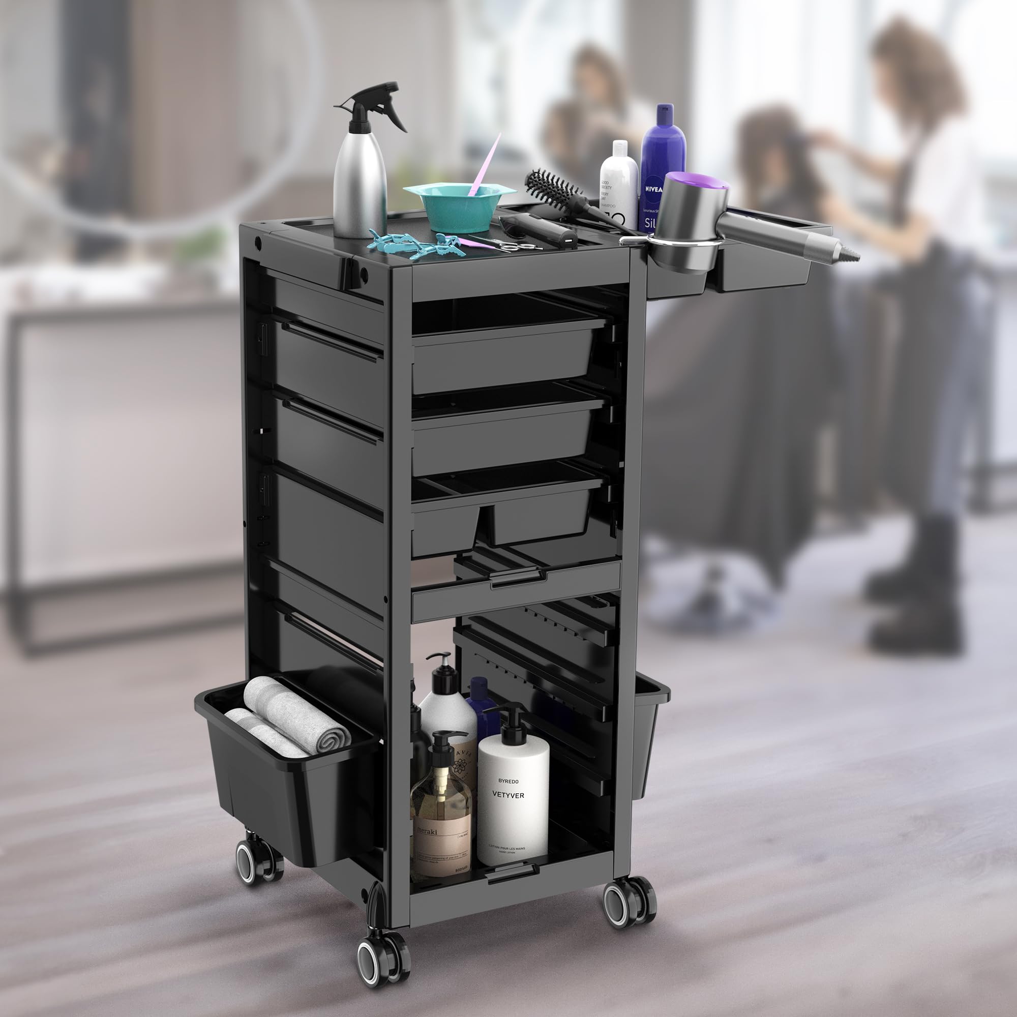 Professional Salon Trolley Cart with Wheels - Large Rolling Beauty Storage Organizer with Hair Dryer Holder, 4 Removable Drawers & 2 Buckets - Perfect for Salon, Spa, Home & Mobile Stylists - Ideal for Hair Tools, Cosmetics & Beauty Supplies Organization