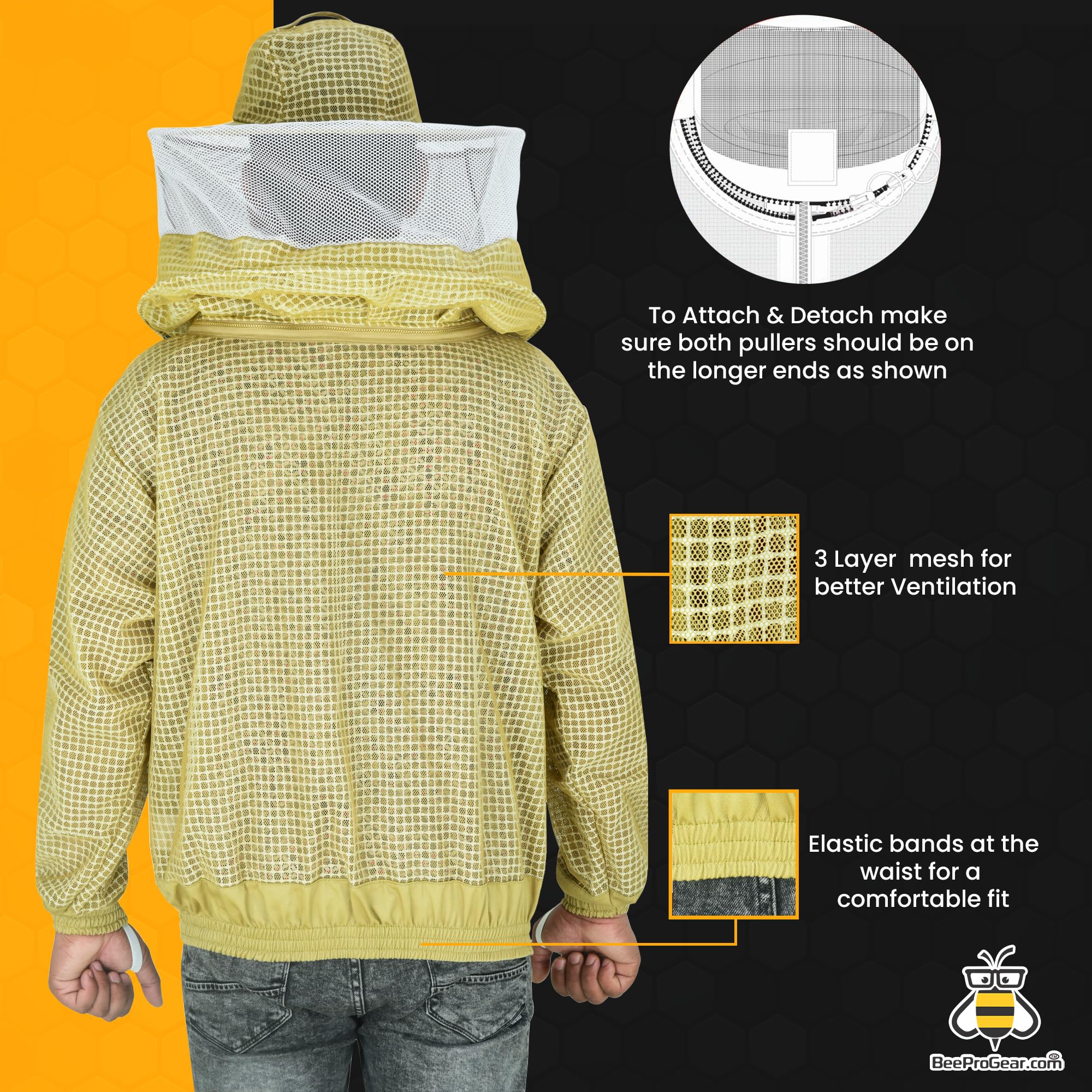 BeeProGear 3-Layer Ultra Mesh Beekeeping Jacket with Round Veil - Sting-Proof Leather Gloves & Storage Bag - Unisex Beekeeping Suit for Men & Women (Brown, 4XL) - Ideal for Honey Harvesting, Hive Inspection & Apiary Protection