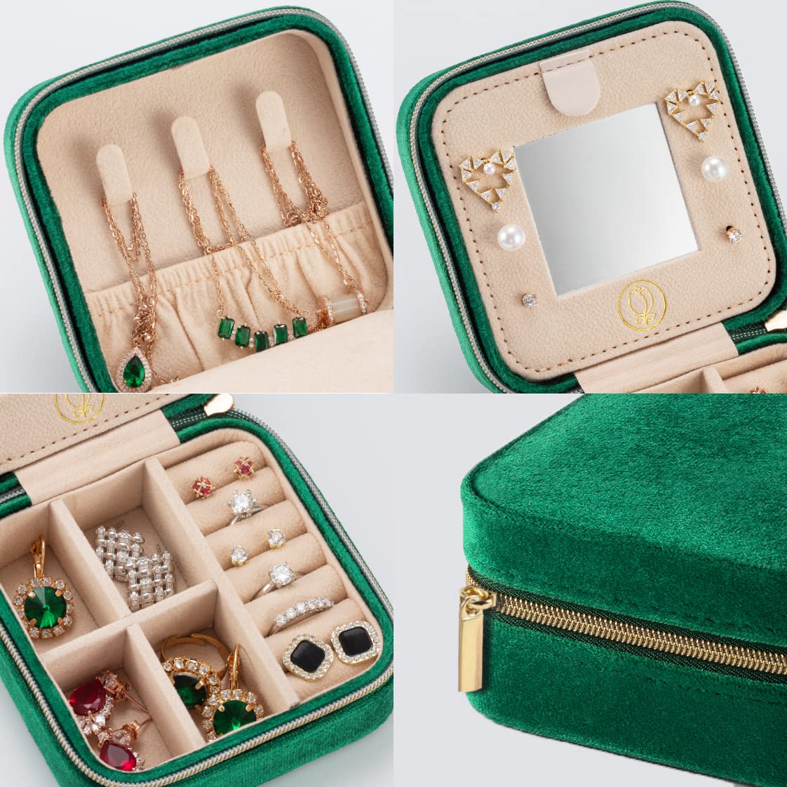 Velvet Jewelry Travel Case for Women with Mirror - Emerald Green, Perfect for Earrings & Accessories on the Go