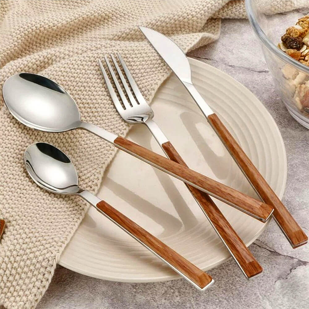Claridge 24-Piece Stainless Steel Flatware Set with Wooden Handles - Elegant Cutlery for Dining, Parties, and Everyday Use