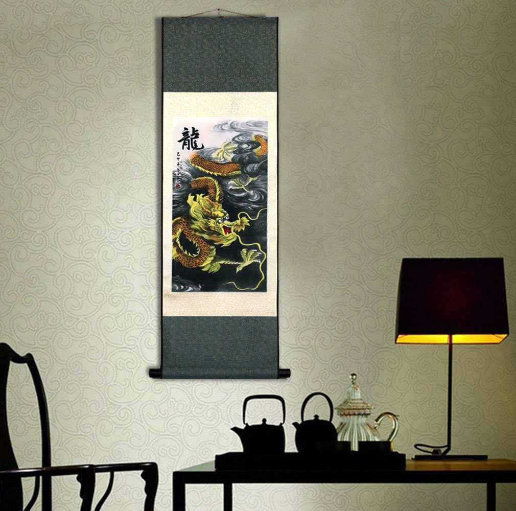 Asian Silk Wall Scroll - Chinese Calligraphy Hanging Art with Golden Dragon Design - Traditional Home Decor for Living Room, Bedroom & Office