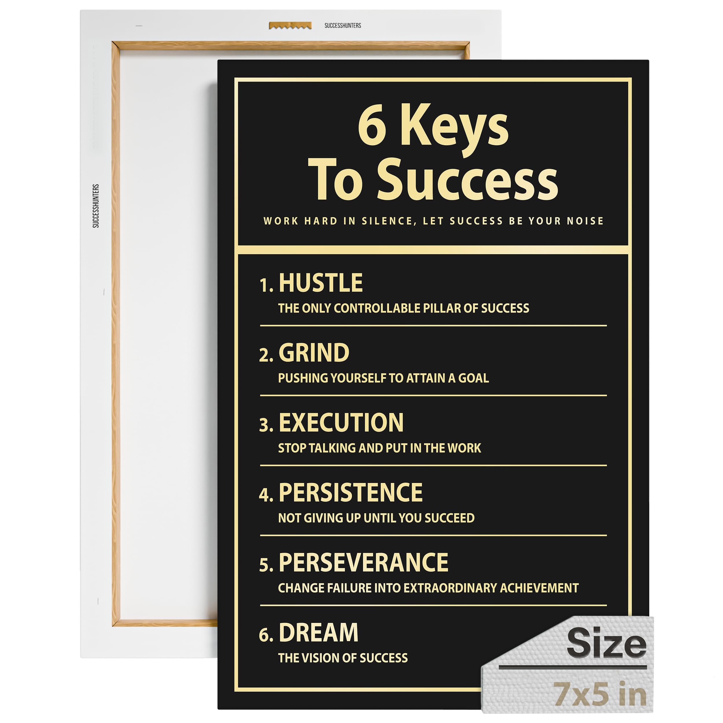 6 Keys to Success Motivational Wall Art - Inspirational Hustle Canvas Print for Office & Home Decor, Entrepreneur Grind Sign with Persistence Quotes (7x5 or 8x8 Inch) - Perfect for Workspace, Study Room & Business Gifts