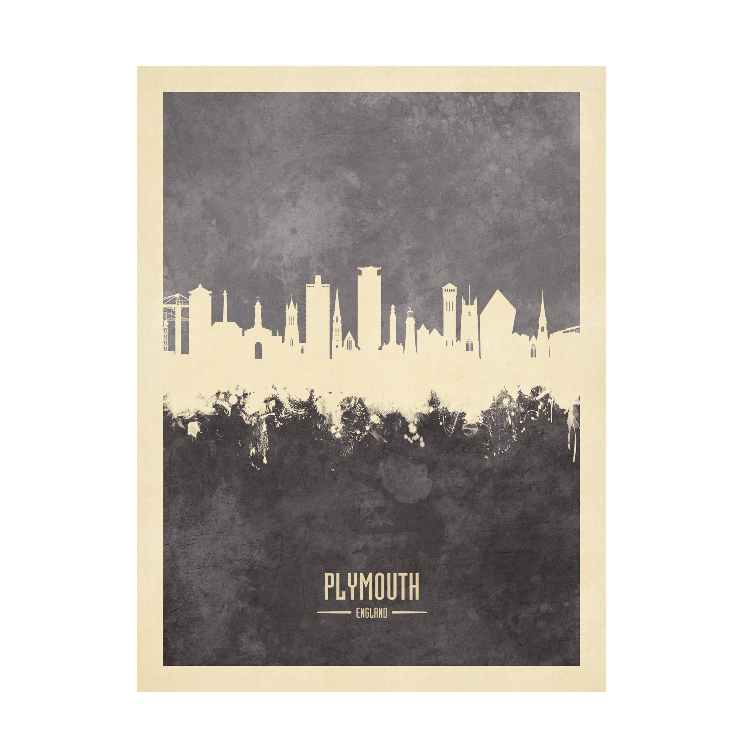 Michael Tompsett 'Plymouth England Skyline Gray' Canvas Art Print - Modern Cityscape Wall Decor for Living Room, Bedroom & Office