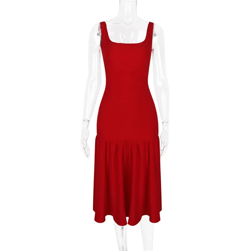 Elegant Backless Maxi Fishtail Dress for Women - Square Collar Sleeveless Loose Pleated Long Gown | Perfect for Evening Parties, Weddings & Special Occasions