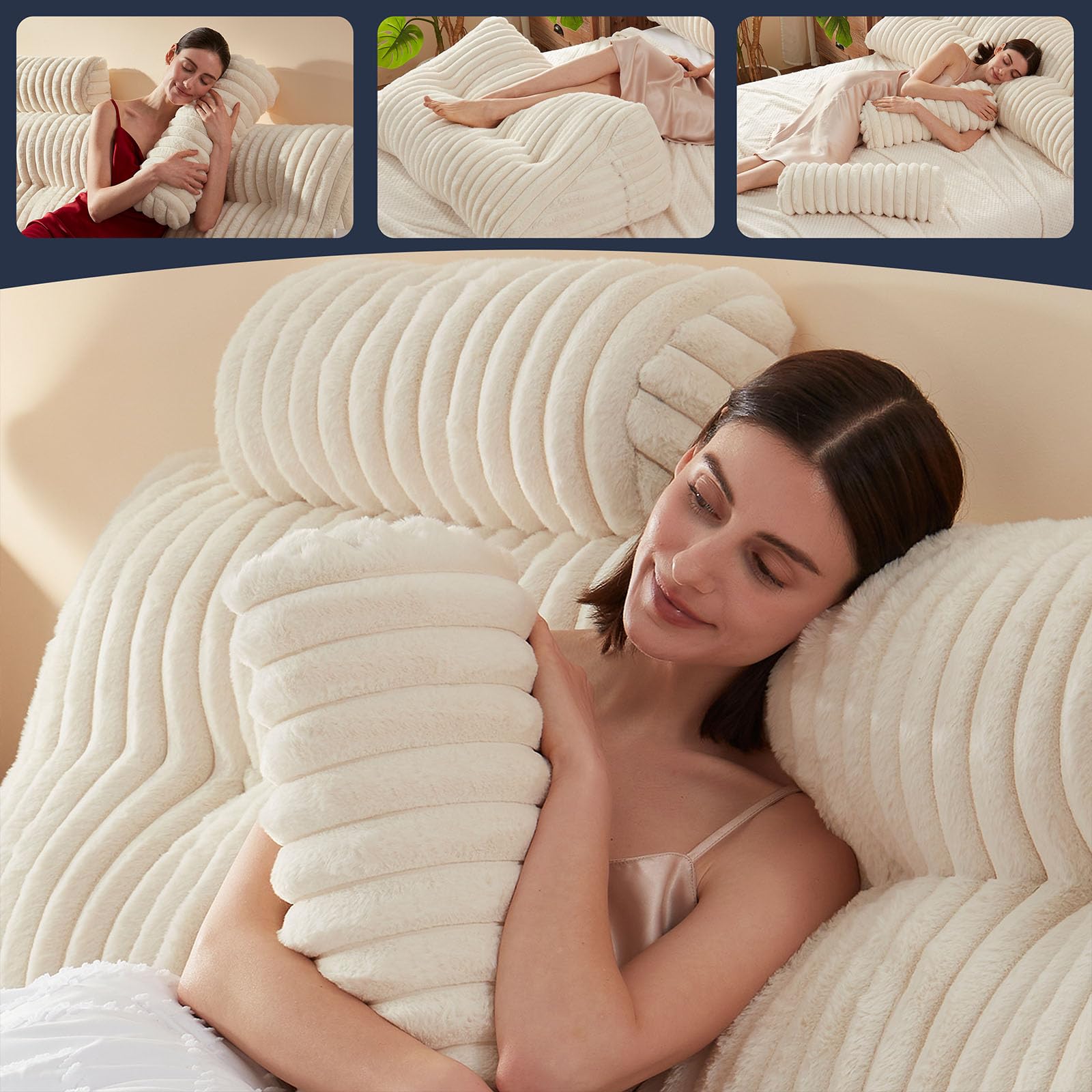 Luxury Faux Fur Headboard Pillow Set - 2 Pack Neck Roll Pillows with Soft & Supportive Queen Size Headboard Cushion & Removable Cover (Beige) - Perfect for Bedroom Decor, Reading, Relaxing & Back Support