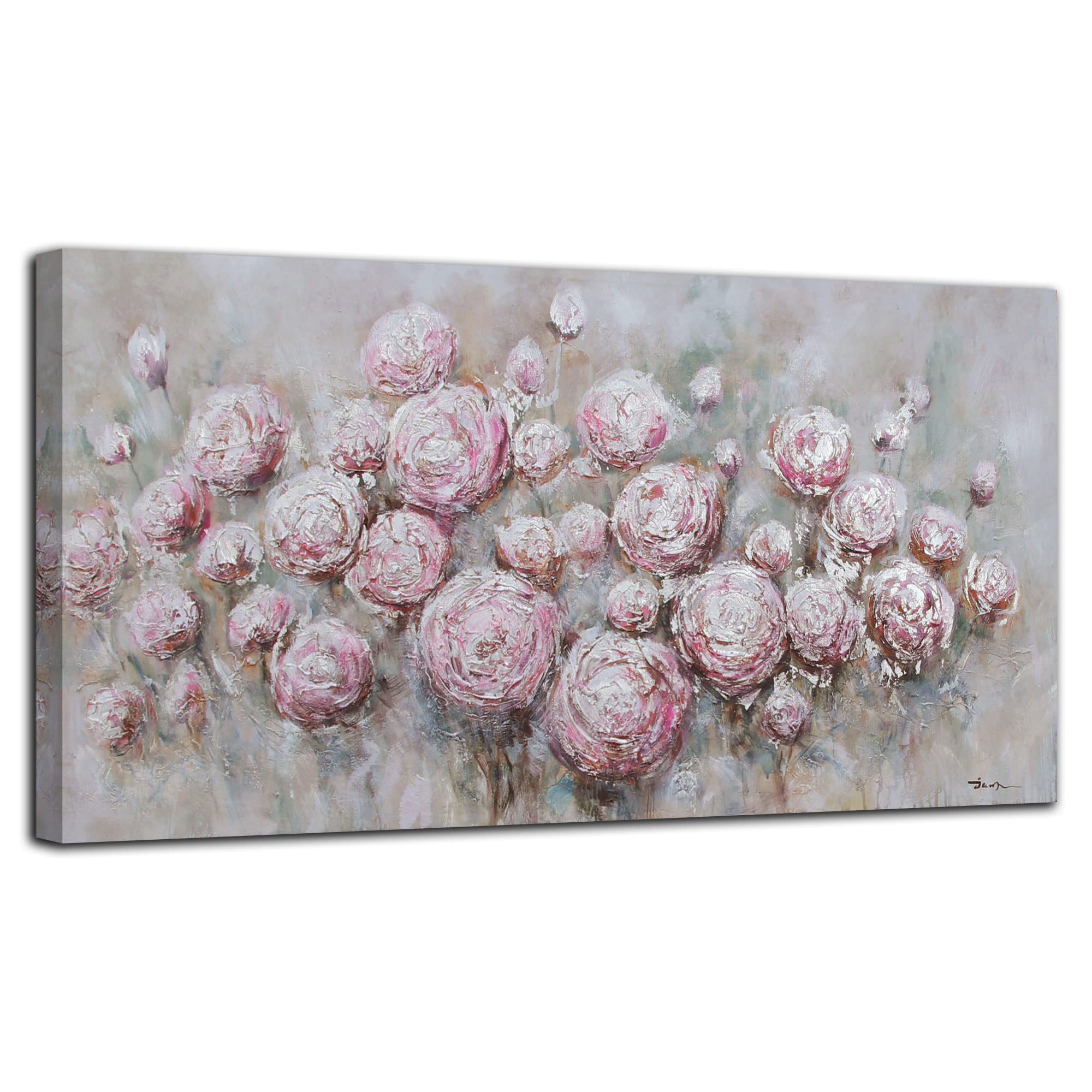 Anolyfi Pink Rose Canvas Wall Art - Hand Painted Floral Painting with Silver Foil Textures, Large Framed Flower Artwork 60