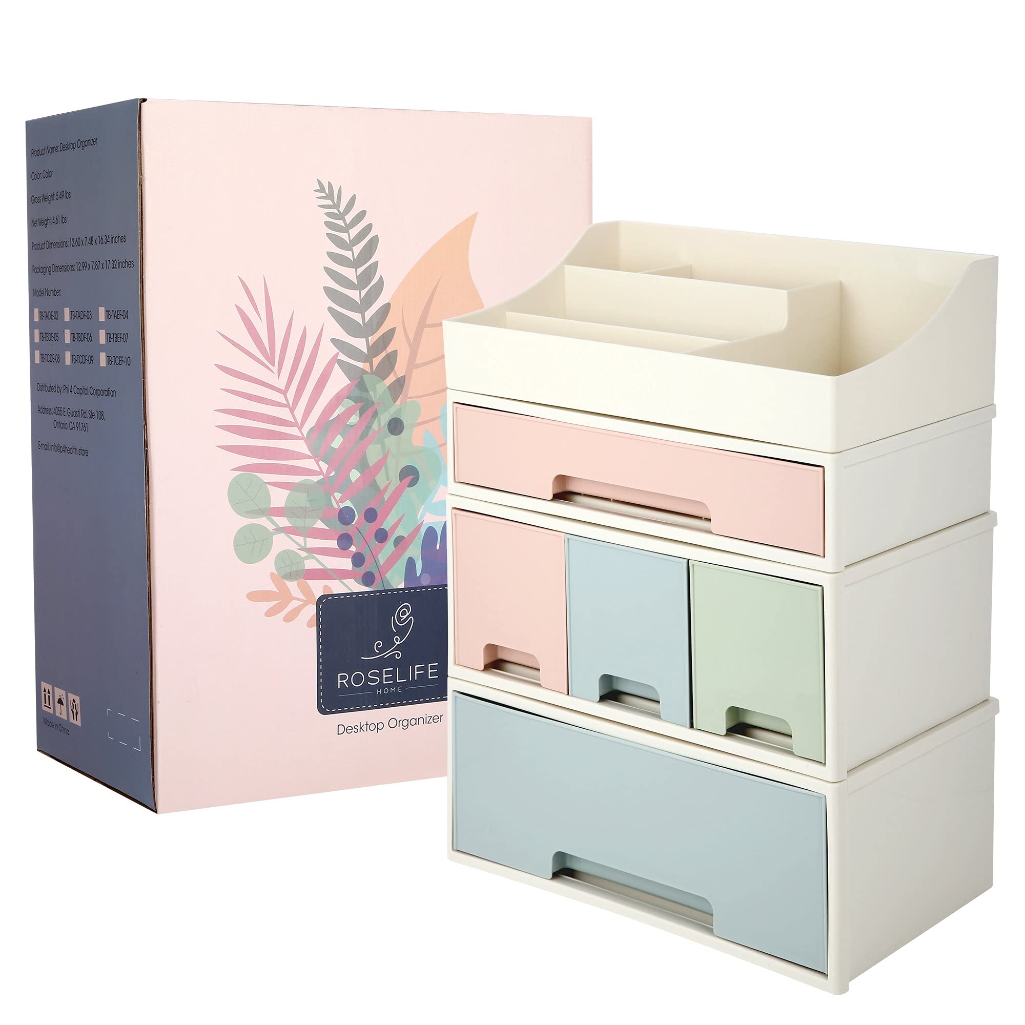 5-Drawer Makeup Organizer & Cosmetic Storage Box - Desktop Stationery Holder, Remote Control Organizer, Kitchen Spice Box (4-Piece Set, Blue/Pink/Green) - Perfect for Bedroom Vanity, Office Desk & Kitchen Counter Organization