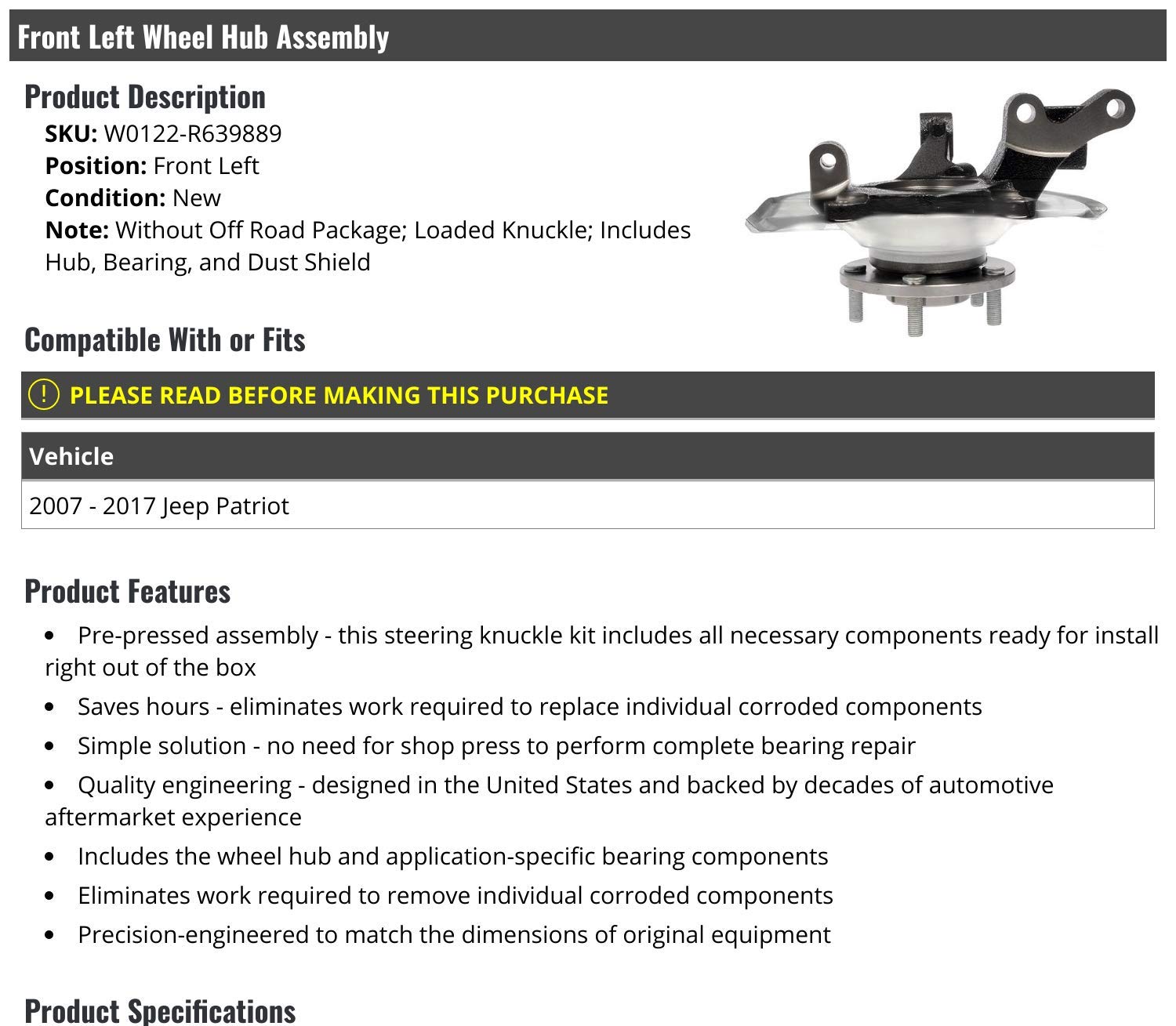 2007-2017 Jeep Patriot Front Left Wheel Hub & Bearing Assembly with Loaded Knuckle & Dust Shield - ABS Compatible (Non-Off Road) - Perfect for DIY Repairs & Smooth Ride Maintenance