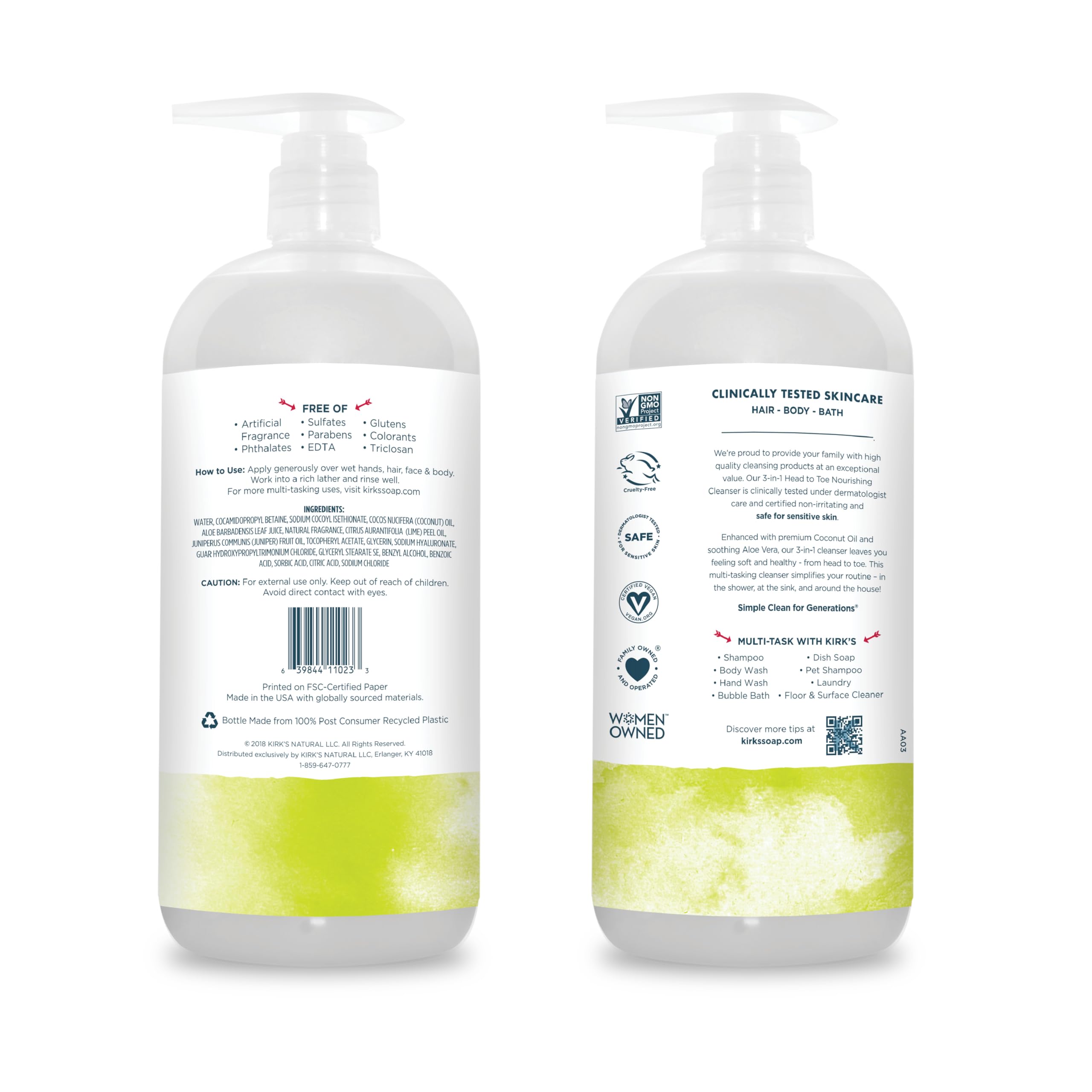 Kirk's 3-in-1 Castile Liquid Soap Travel Size (1.13 oz) - Natural Head-to-Toe Cleanser for Men, Women & Kids | Shampoo, Face Wash & Body Soap | Refreshing Juniper & Lime Scent | Perfect for Travel, Camping & Gym Bags | 32 Fl Oz Bottle