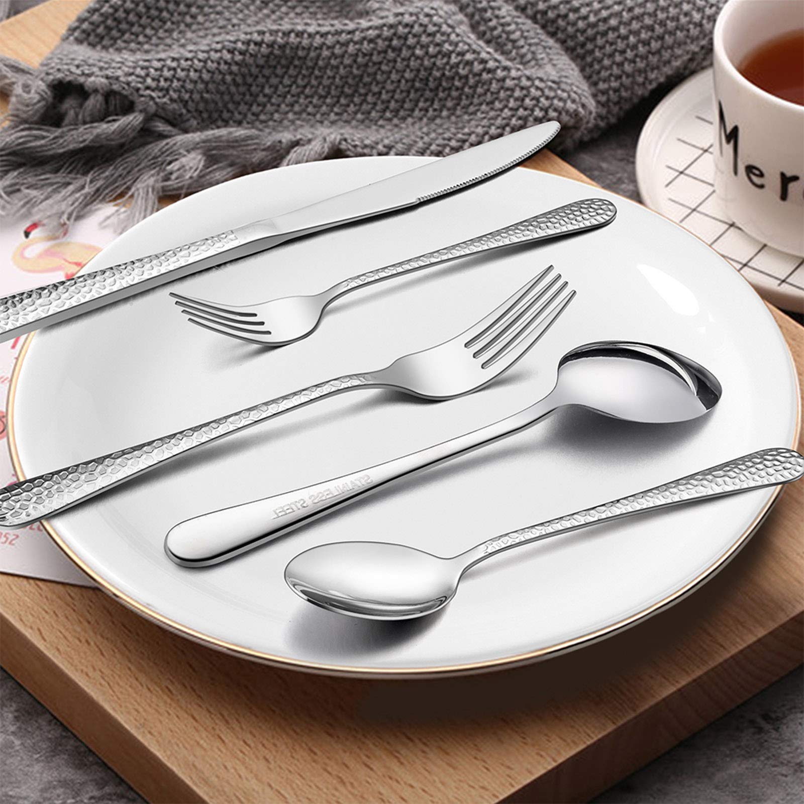 E-far 40-Piece Stainless Steel Flatware Set for 8 - Hammered Silverware Cutlery with Knives, Forks, Spoons - Modern Mirror Polished Design - Dishwasher Safe - Perfect for Dinner Parties, Weddings & Everyday Dining