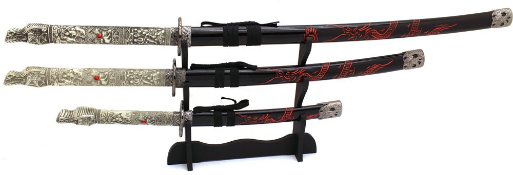 Premium Samurai Katana Sword Set - Triple Dragon Design Tactical Highlander Swords with Display Stand | Perfect for Martial Arts Training, Cosplay, and Home Decor