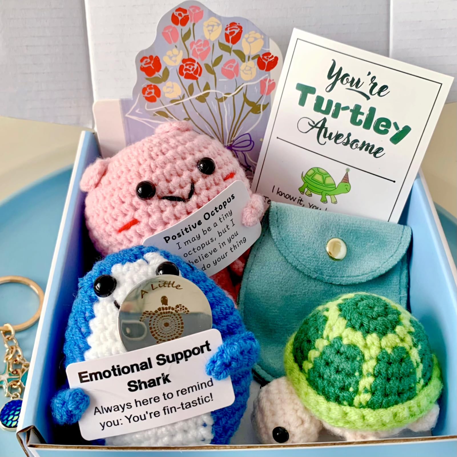 Handmade Crochet Animal Plush Set - Shark, Turtle, Octopus with Pocket Hug Token & Greeting Card | Cute Knitted Dolls for Birthday, Valentine's Day Gifts | Emotional Support Gift for Women, Men, Friends | Perfect for Home Decor, Nursery Room, Stress Relief & Special Occasions