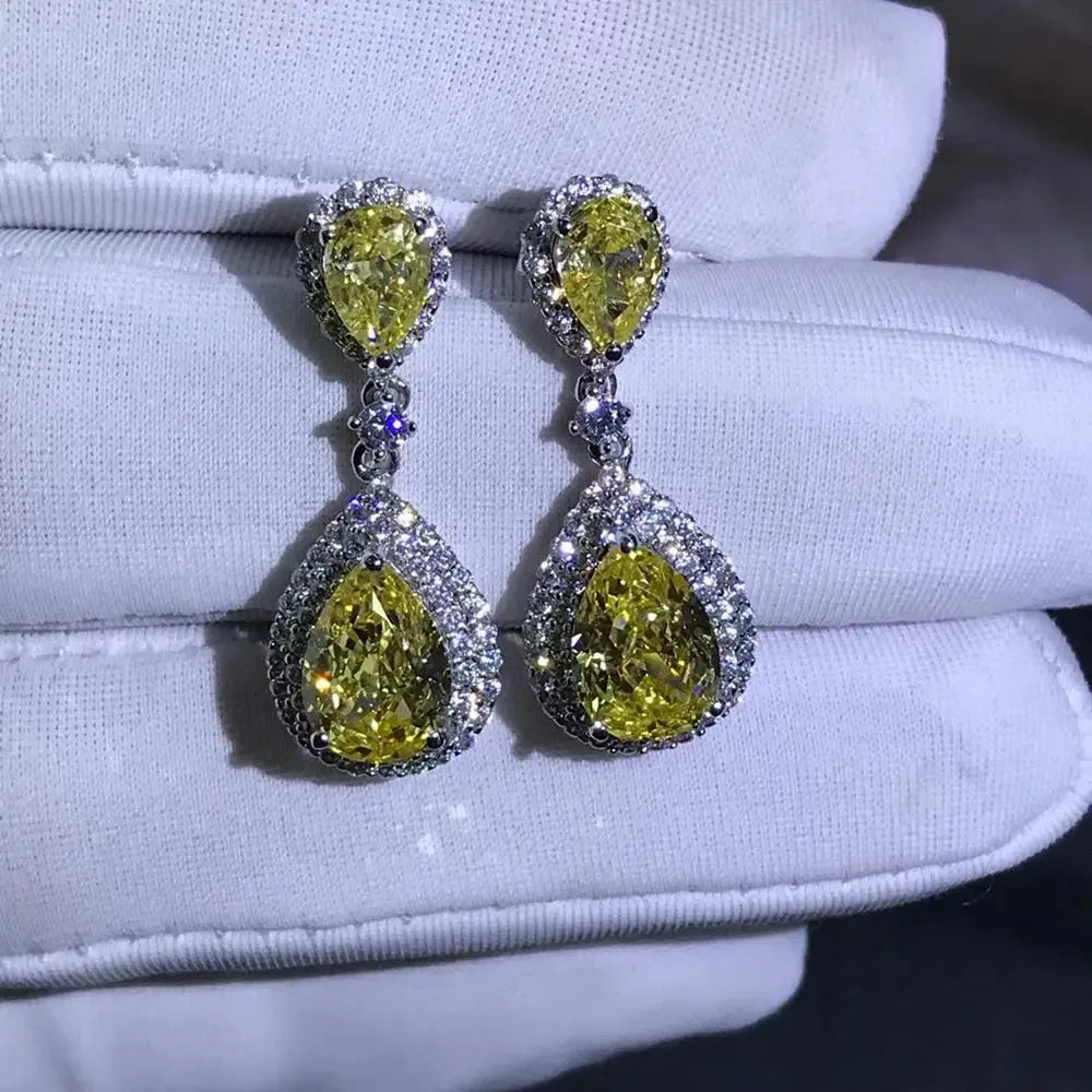 925 Sterling Silver Pear 3EX 3CT VVS Yellow Created Moissanite Drop Earrings - Customizable Wedding & Engagement Fine Jewelry for Brides, Anniversary Gifts & Special Occasions